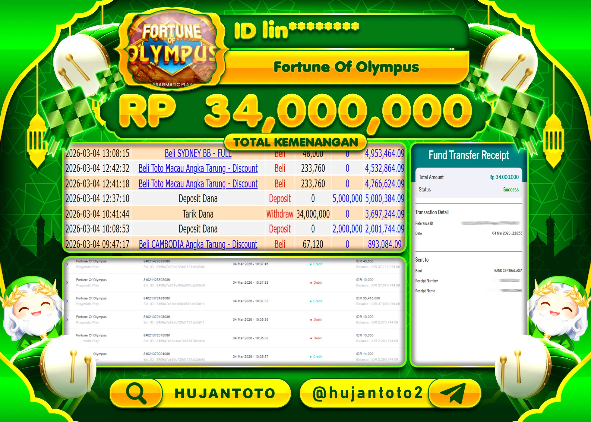 HUJANTOTO - BUKTI JACKPOT MENANG SLOT FORTUNE OF OLYMPUS Rp.34,000,000 - TERBAYAR LUNAS