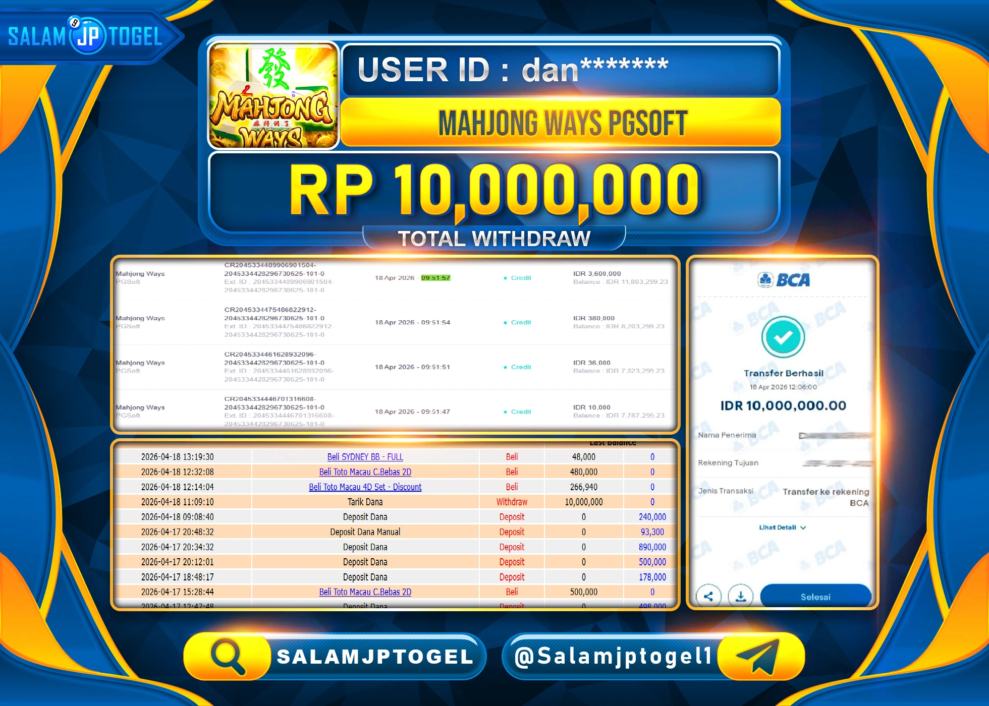 SALAMJPTOGEL JACKPOT Menang SLOT : Mahjong Ways (PG Soft)  Rp.10,000,000 - LUNAS