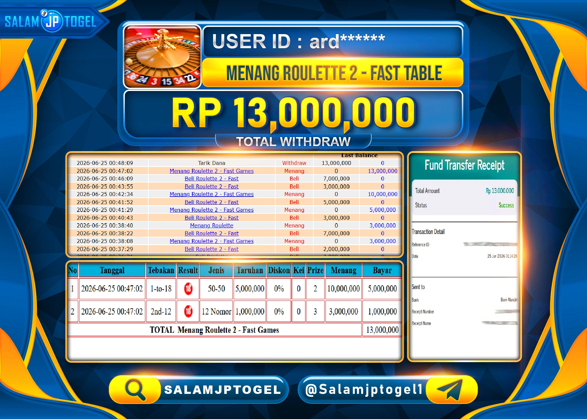 SALAMJPTOGEL JACKPOT MENANG LIVEGAMES ROULETTE 2 - FAST GAMES Rp.13,000,000 - LUNAS