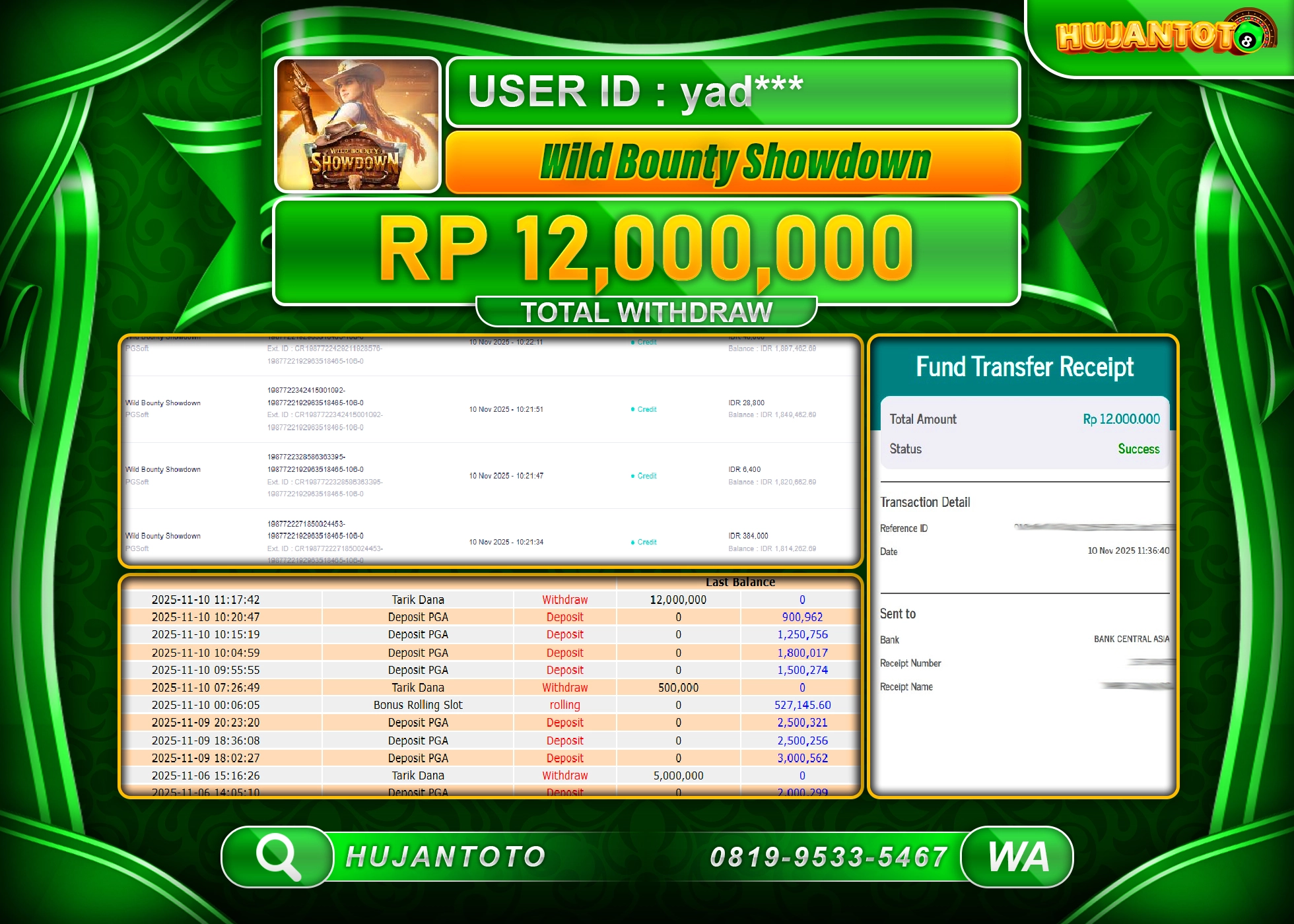 HUJANTOTO - BUKTI JACKPOT MENANG WILD BOUNTY SHOWDOWN Rp.12,000,000 - TERBAYAR LUNAS