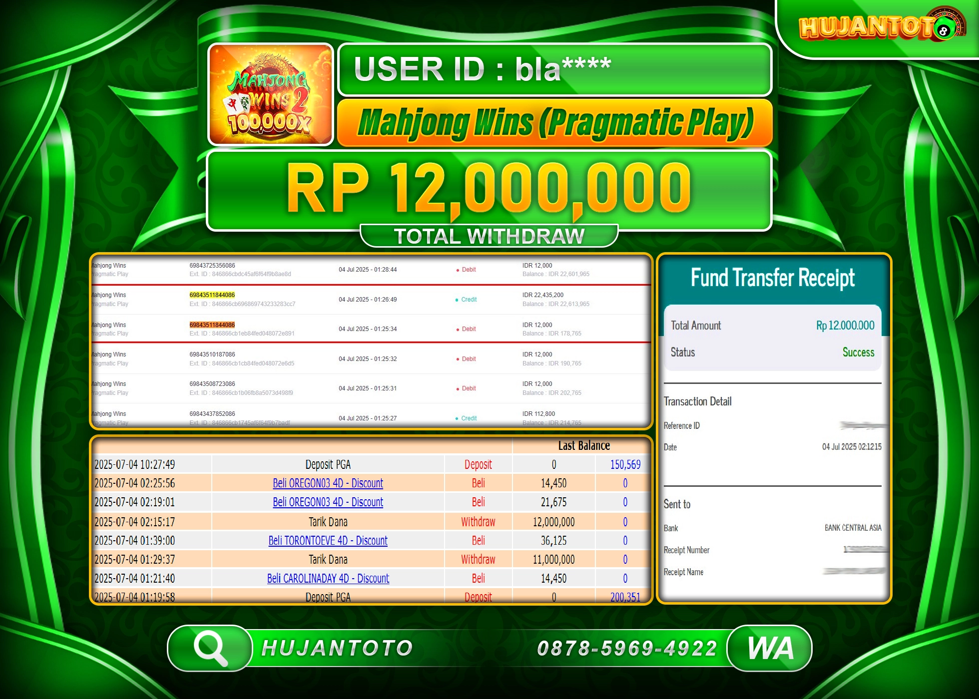 HUJANTOTO - BUKTI JACKPOT DI MAHJONG WINS PRAGMATIC PLAY Rp.12,000,000 - TERBAYAR LUNAS