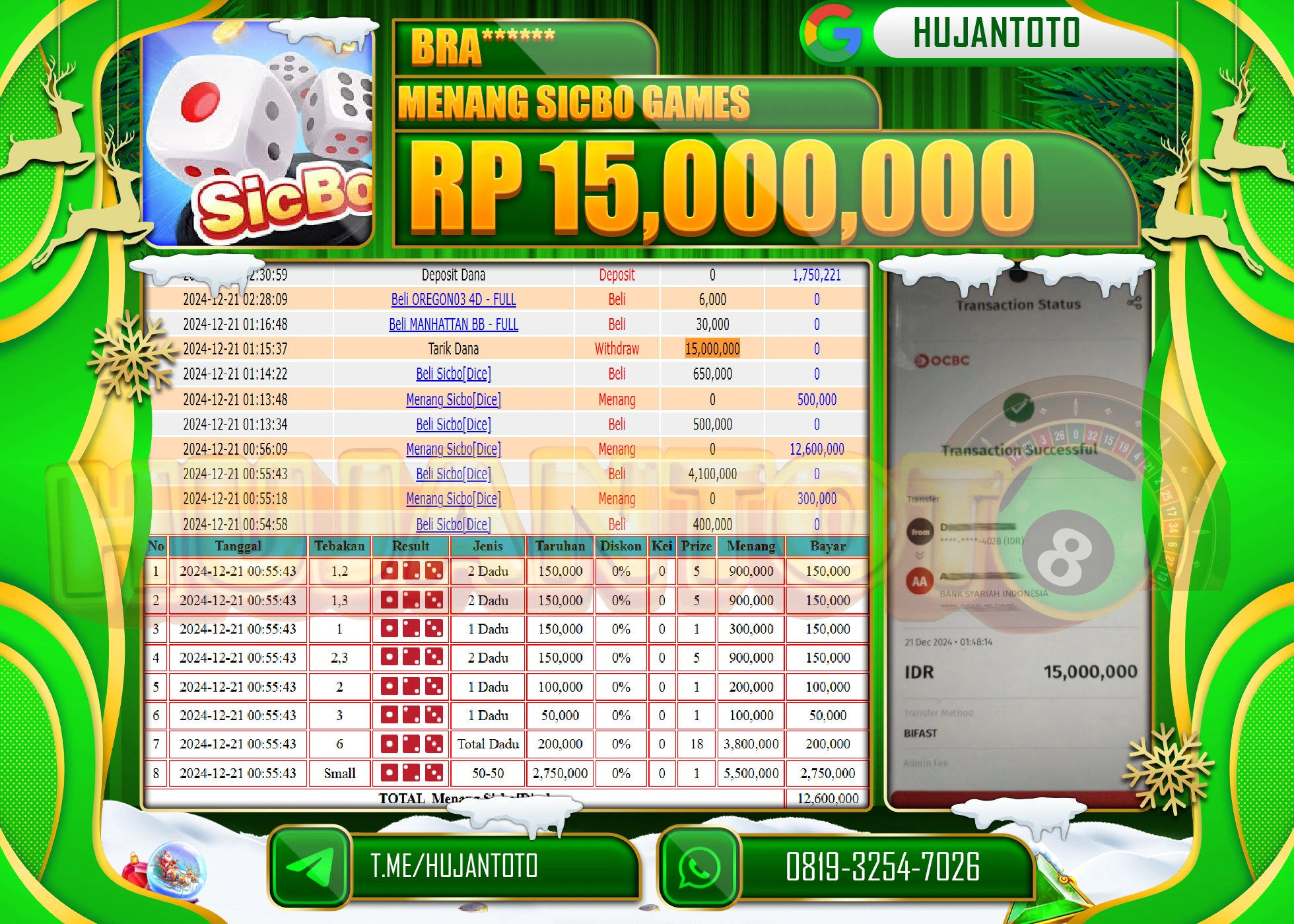 HUJANTOTO SELAMAT ATAS KEMENANGAN YANG DI RAIH DI PERMAINAN LIVE GAME SICBO DICE SEBESAR- 15,000,000 - TERBAYAR LUNAS