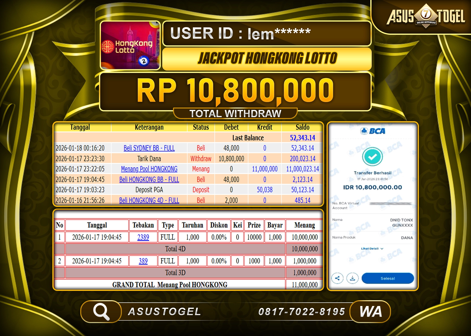 ASUSTOGEL KEMENANGAN DI TOGEL HONGKONG LOTTO SEBESAR 10,800,000 - RUPIAH LUNAS