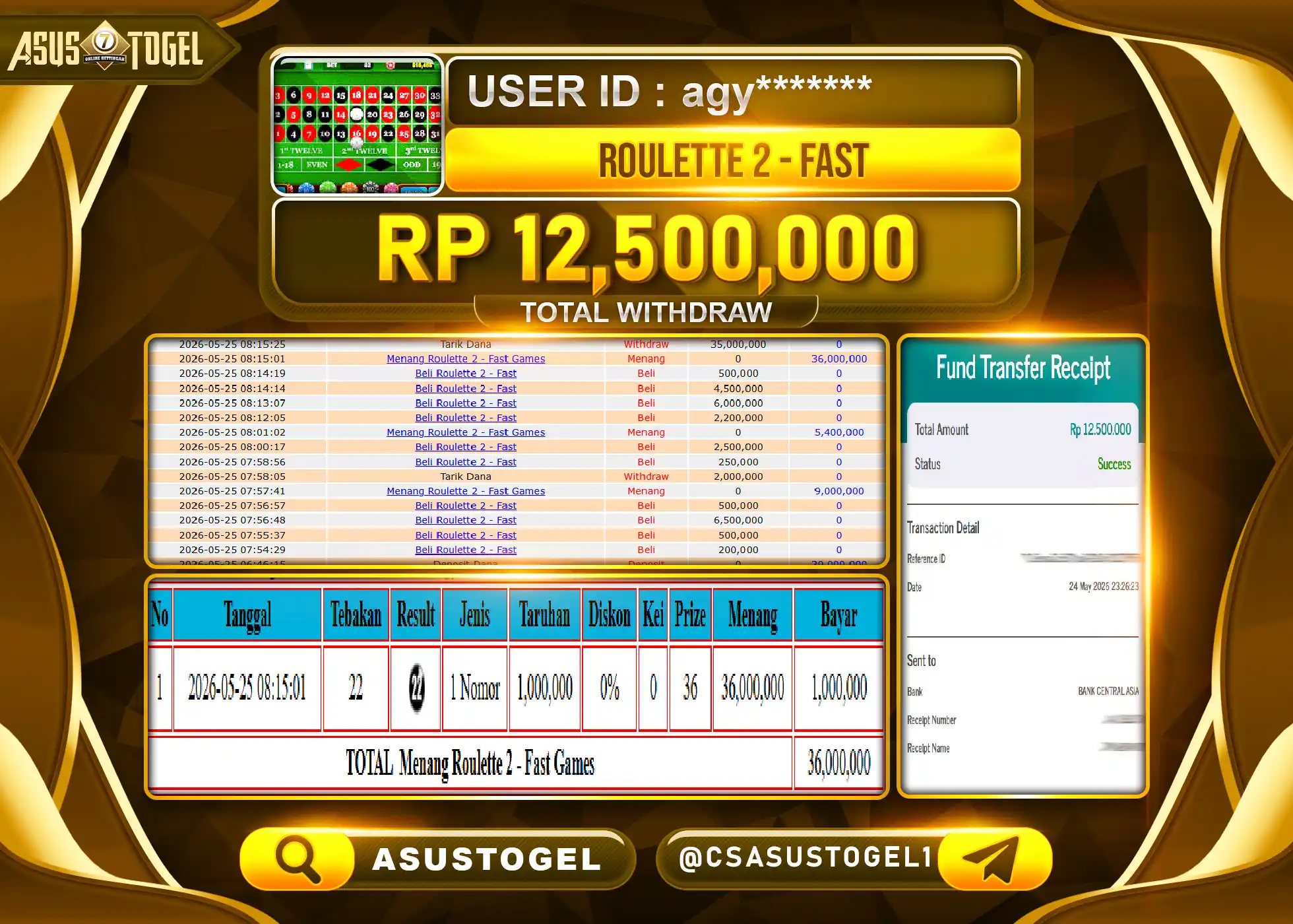 ASUSTOGEL KEMENANGAN JACKPOT LIVE GAME ROULETTE 2 FAST GAMES Rp.12,500,000 - RUPIAH LUNAS