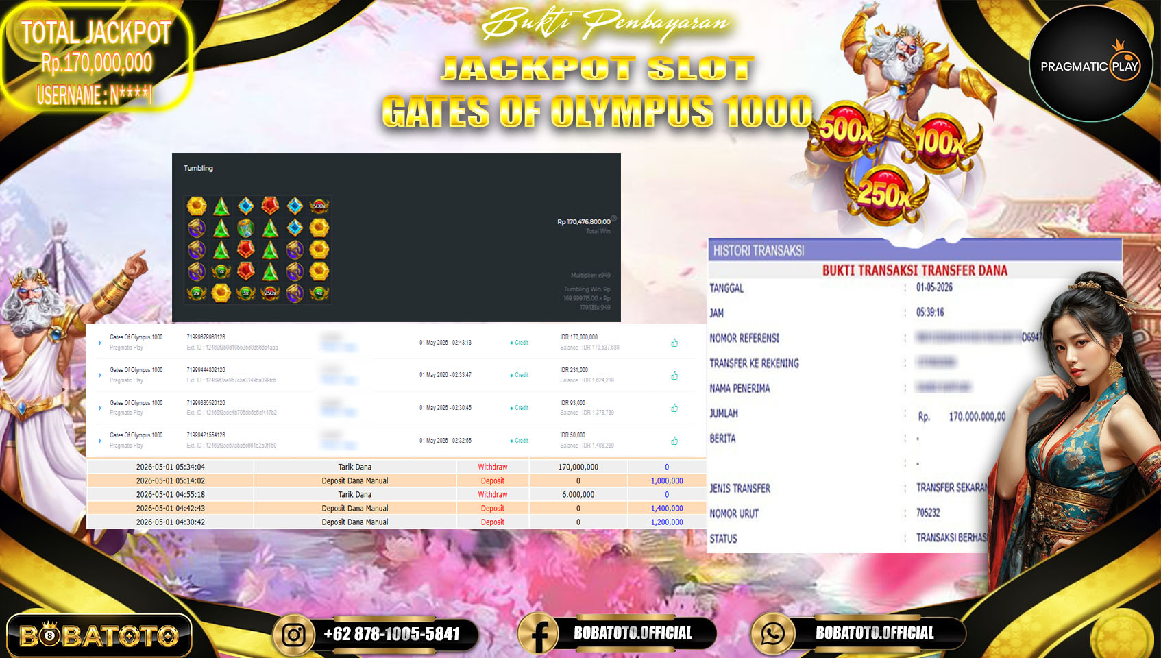 BOBATOTO JACKPOT SLOT GATES OF OLYMPUS 1000  PRAGMATIC PLAY Rp.170,000,000,- LUNAS!!!