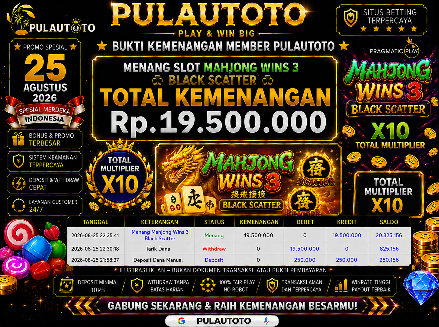 🏆 BUKTI KEMENANGAN MEMBER PULAUTOTO KEMENANGAN MAHJONG WINS 3 BLACK SCATTER🏆