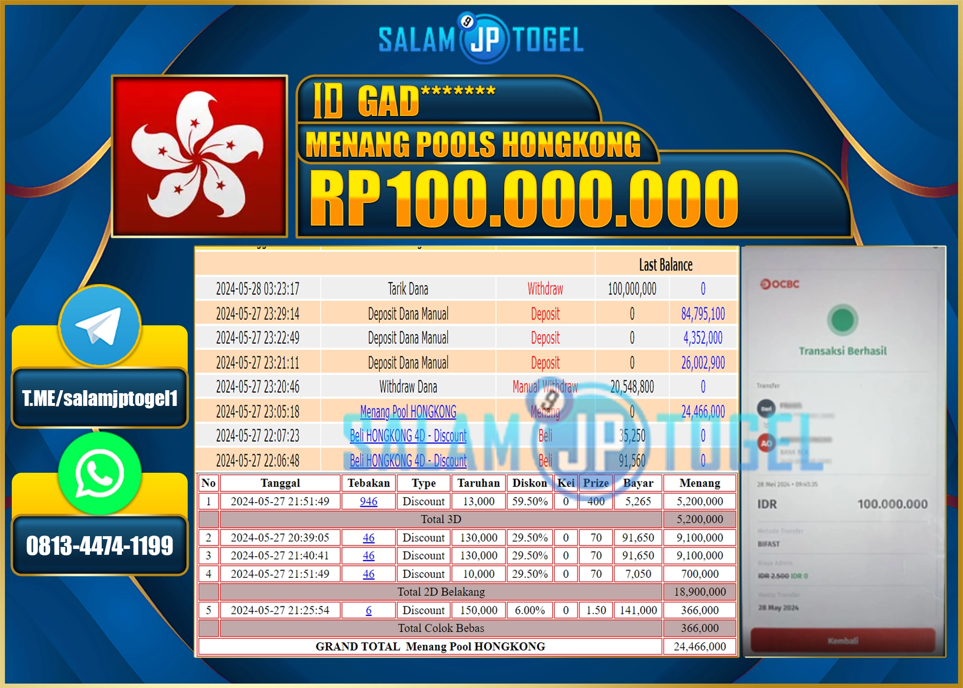 SALAMJPTOGEL MEMBER MENANG HONGKONG  RP. 100,000,000.,LUNAS