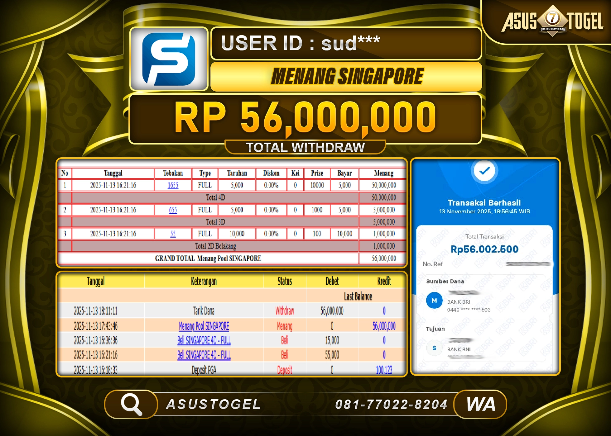 ASUSTOGEL KEMENANGAN DI TOGEL SINGAPORE SEBESAR 56,000,000 - RUPIAH LUNAS