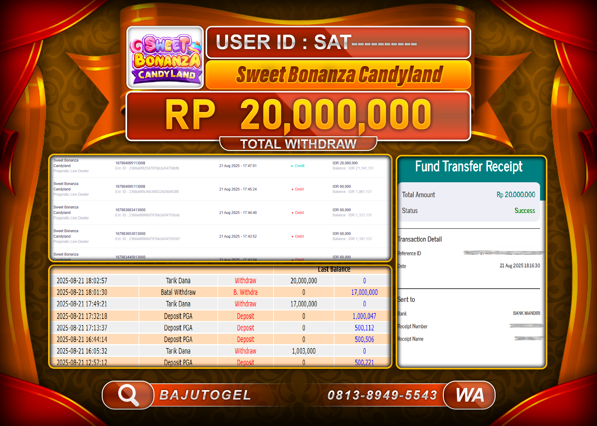 BAJUTOGEL KEMENANGAN SWEET BONANZA CANDYLAND Rp.20.000.000 LUNAS