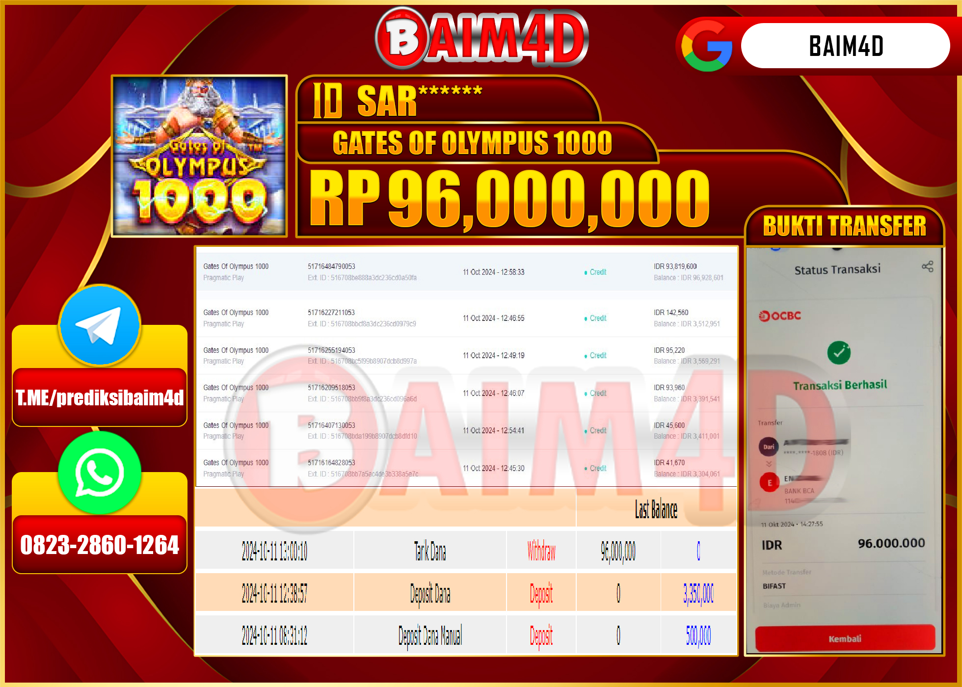BAIM4D JACKPOT Slot Gates Of Olympus 1000 Rp.96,000,000.- LUNAS