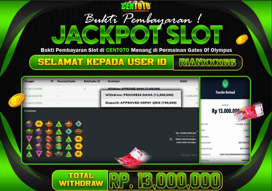 BUKTI JACKPOT LUNAS CENTOTO  RP 13.000.000,-LUNAS