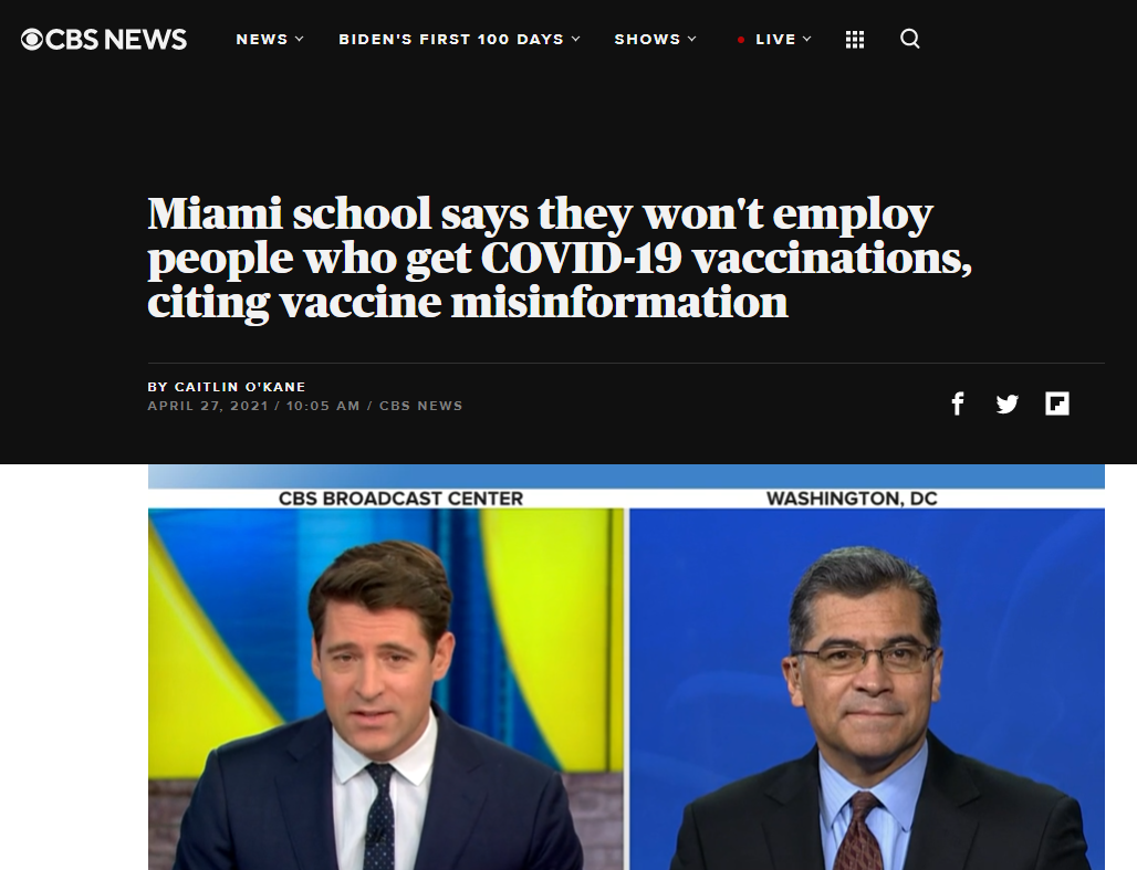 Miami school says will not hire people who were vaccinated