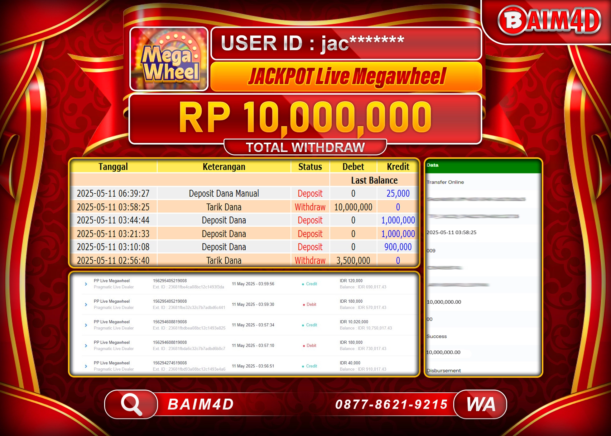 BAIM4D MENANG JACKPOT LIVE MEGAWHEEl Rp.10.000,000.- LUNAS