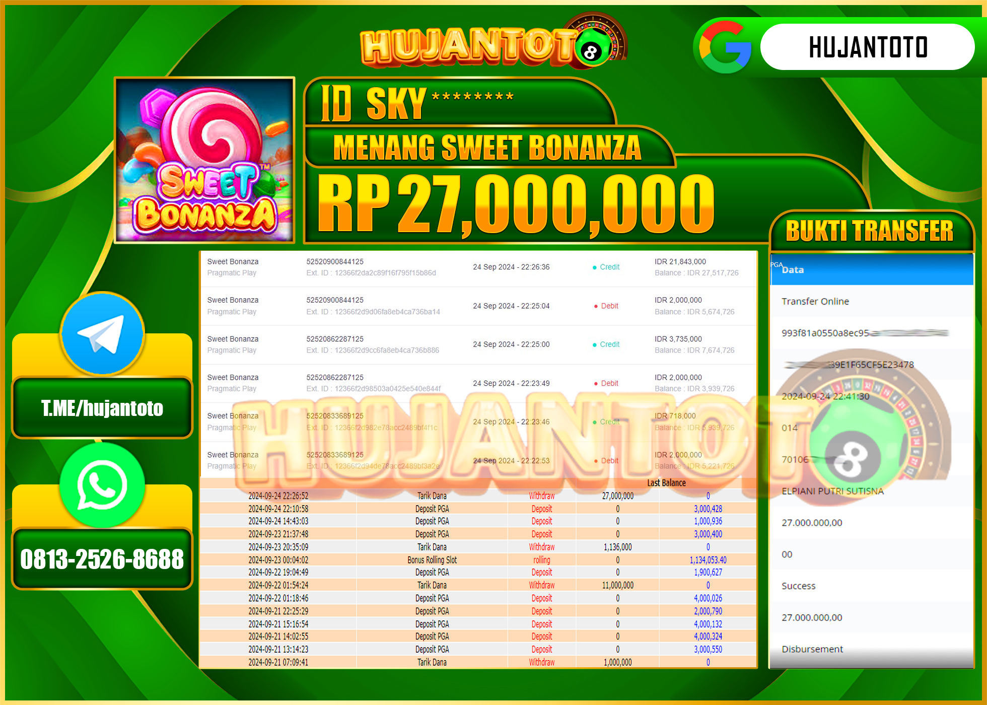 HUJANTOTO MENANG BESAR DI PERMAINAN SLOT SLOT  SWEET BONANZA - 27,000,000 - LUNAS 
