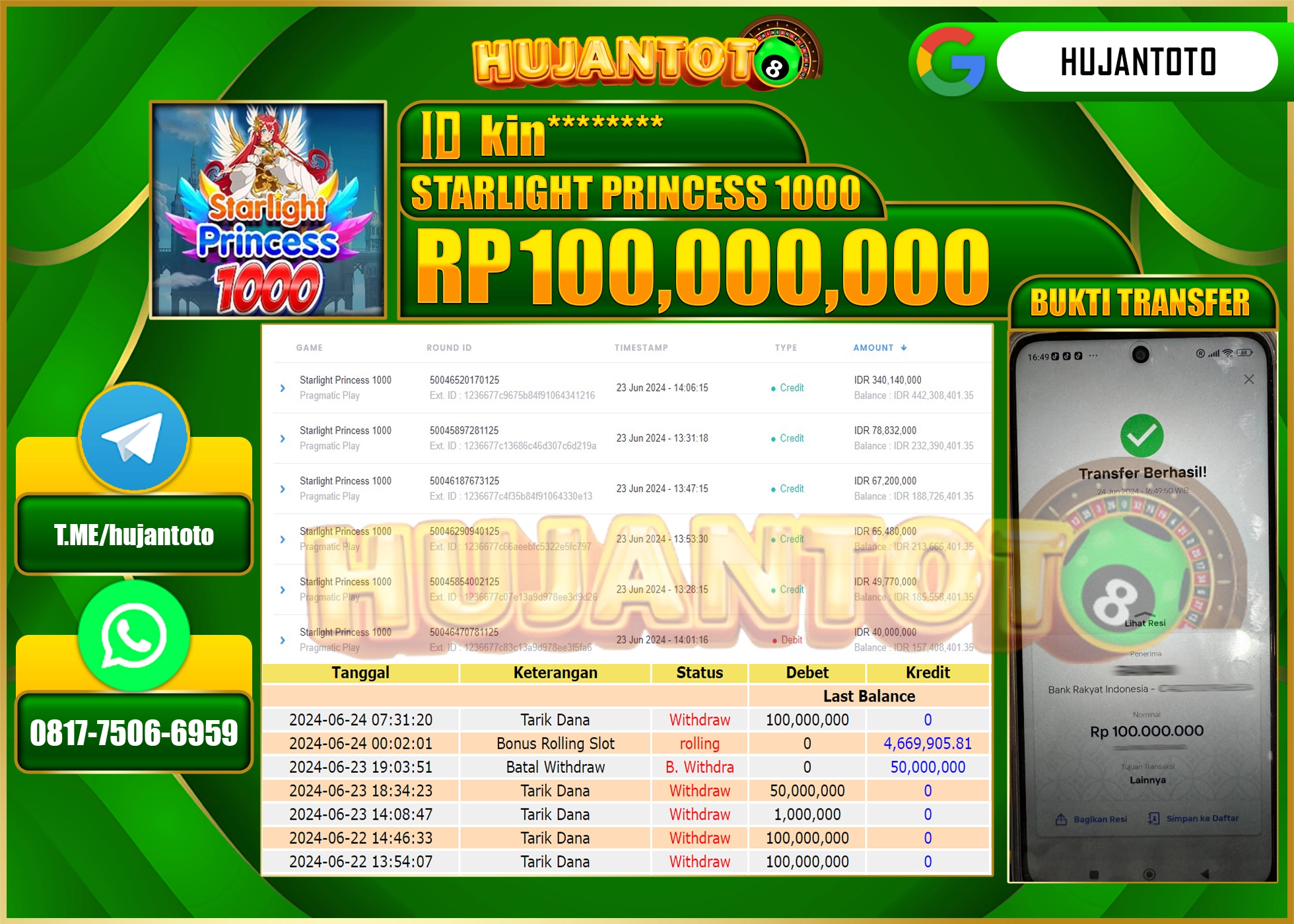 HUJANTOTO MENANG SLOT STARLIGHT PRINCESS 1000 WD 100.000,000 - LUNAS 