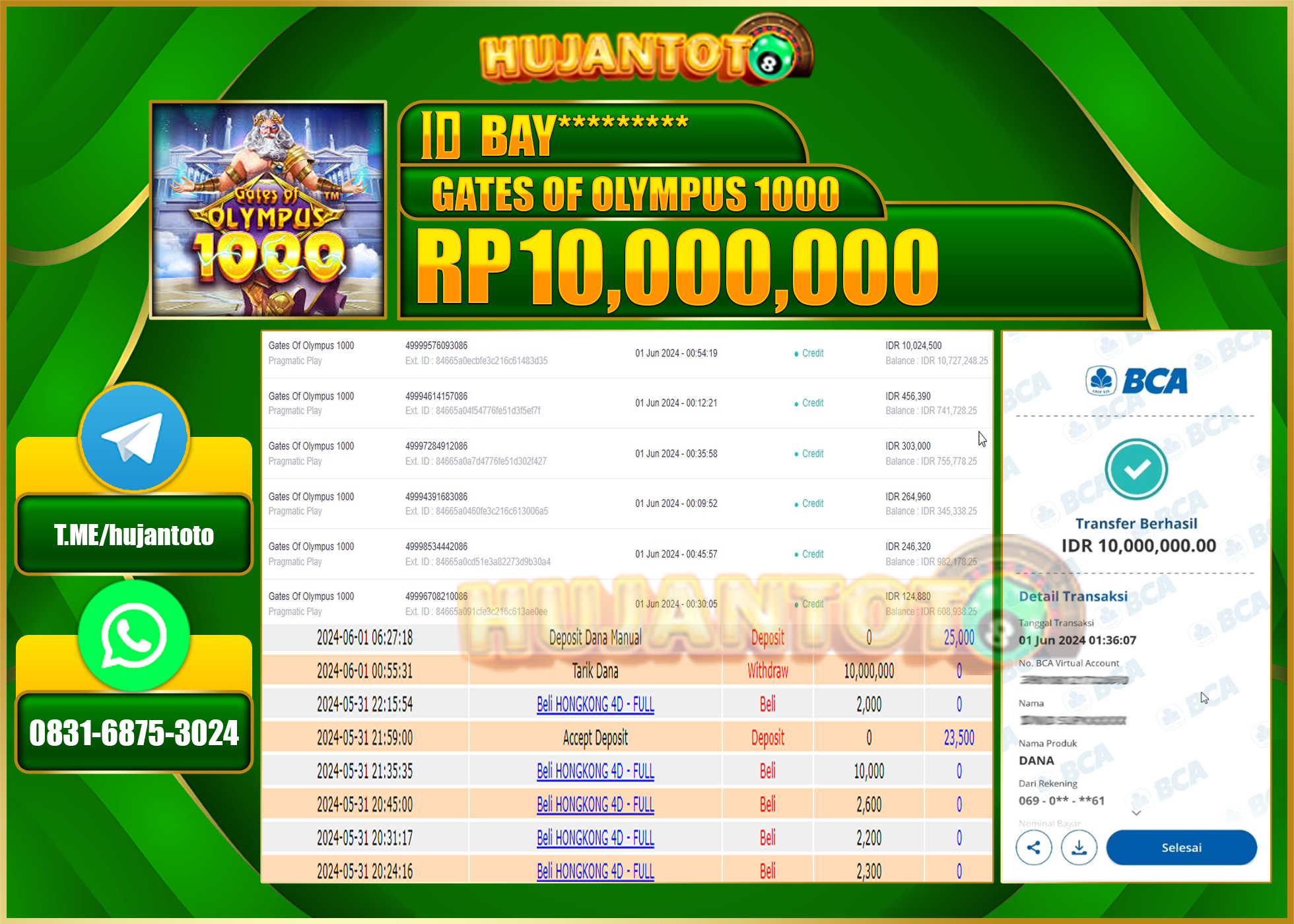HUJANTOTO MENANG DI GATES OF OLYMPUS 1000 13,000,000 - LUNAS