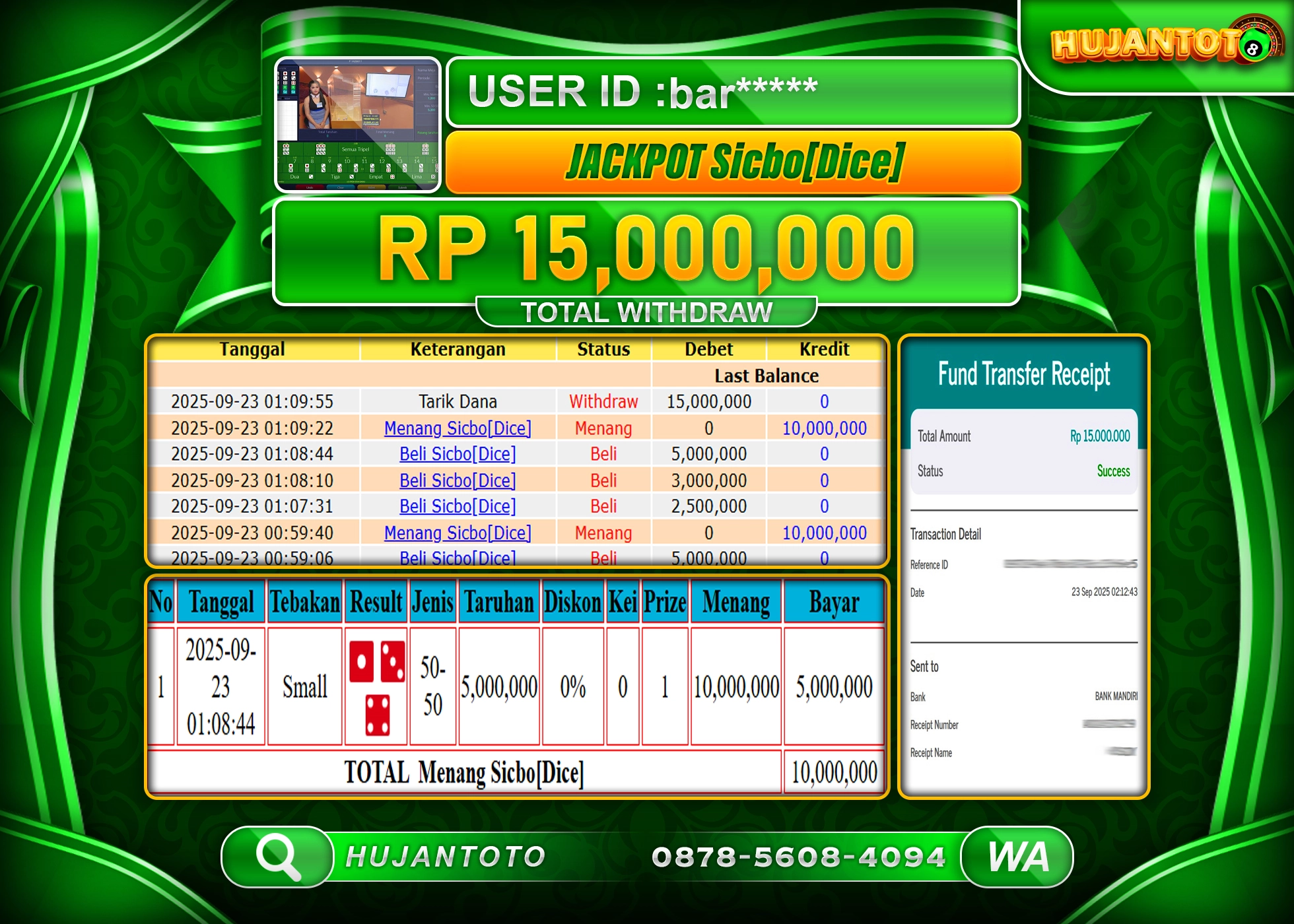 HUJANTOTO - BUKTI JACKPOT MENANG LIVE GAMES SICBO DICE Rp.15,000,000 - TERBAYAR LUNAS