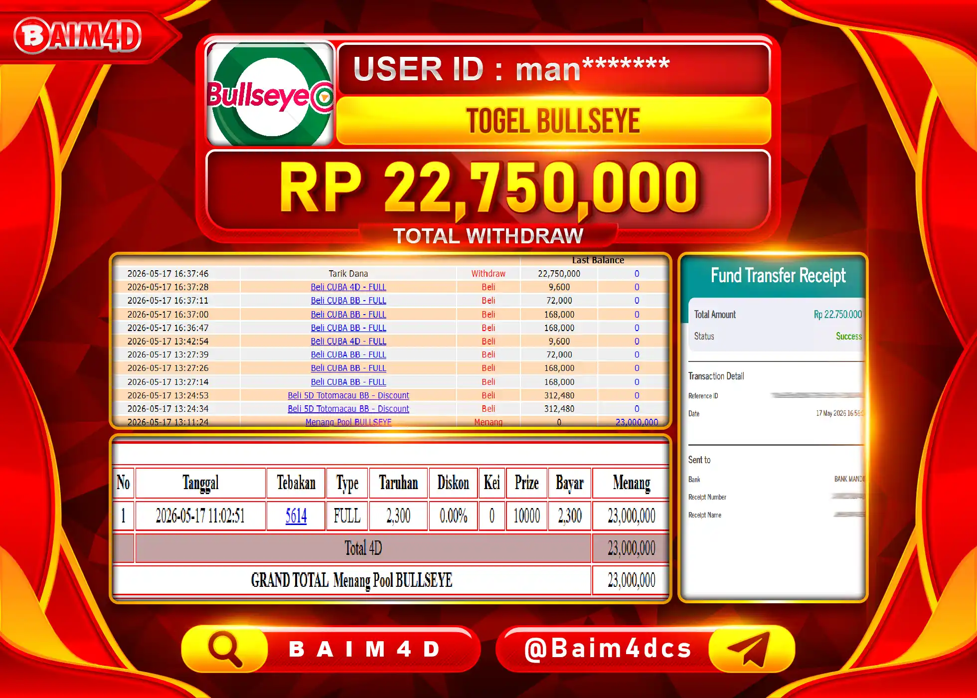 BAIM4D JACKPOT TOGEL PASARAN BULLSEYE Rp.22,750,000 - LUNAS
