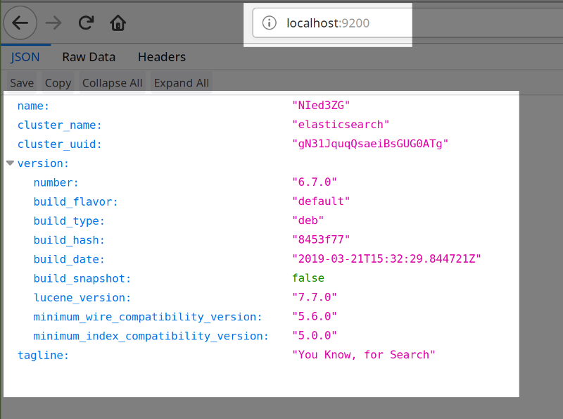 Elasticsearch webpage response on port 9200 with JSON