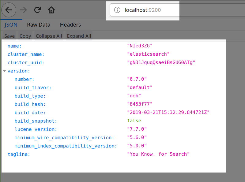 JSON Response from the Elasticsearch cluster by navigating to port 9200 in a browser