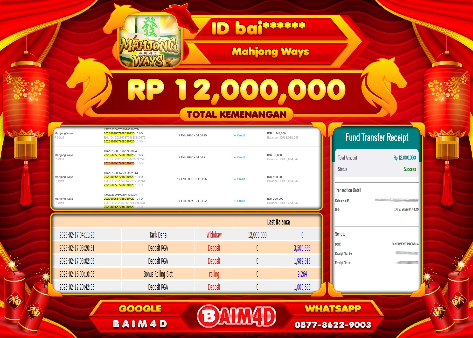 BAIM4D JACKPOT SLOT MAHJONG WAYS PG SOFT Rp.12,000,000 - LUNAS