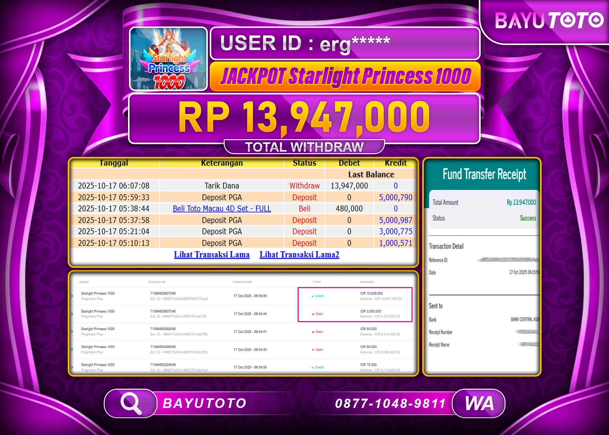 MEMBER BAYUTOTO JACKPOT DI SLOT STARLIGHT PRINCESS 1000 Rp.13.947.000 LUNAS