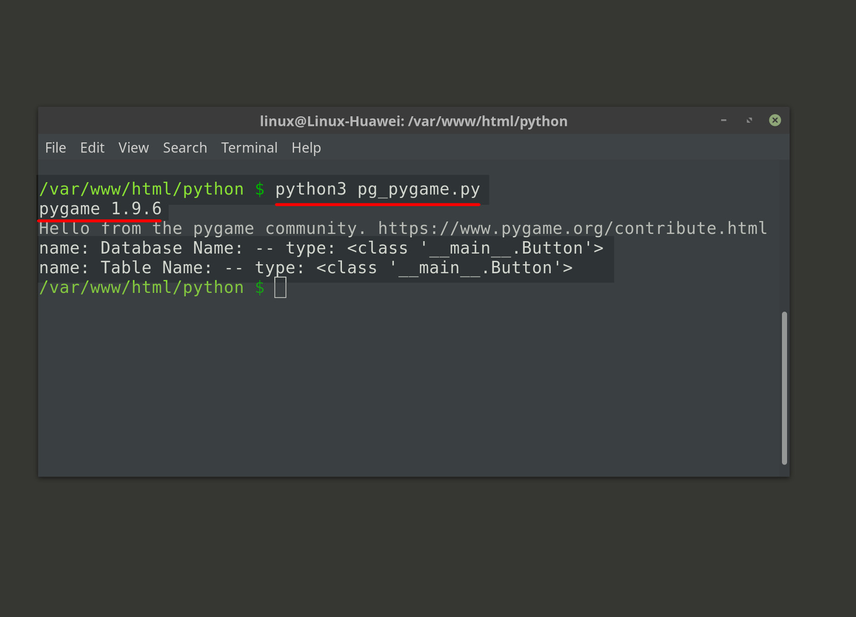Screenshot of a Pygame Python script running in a terminal window