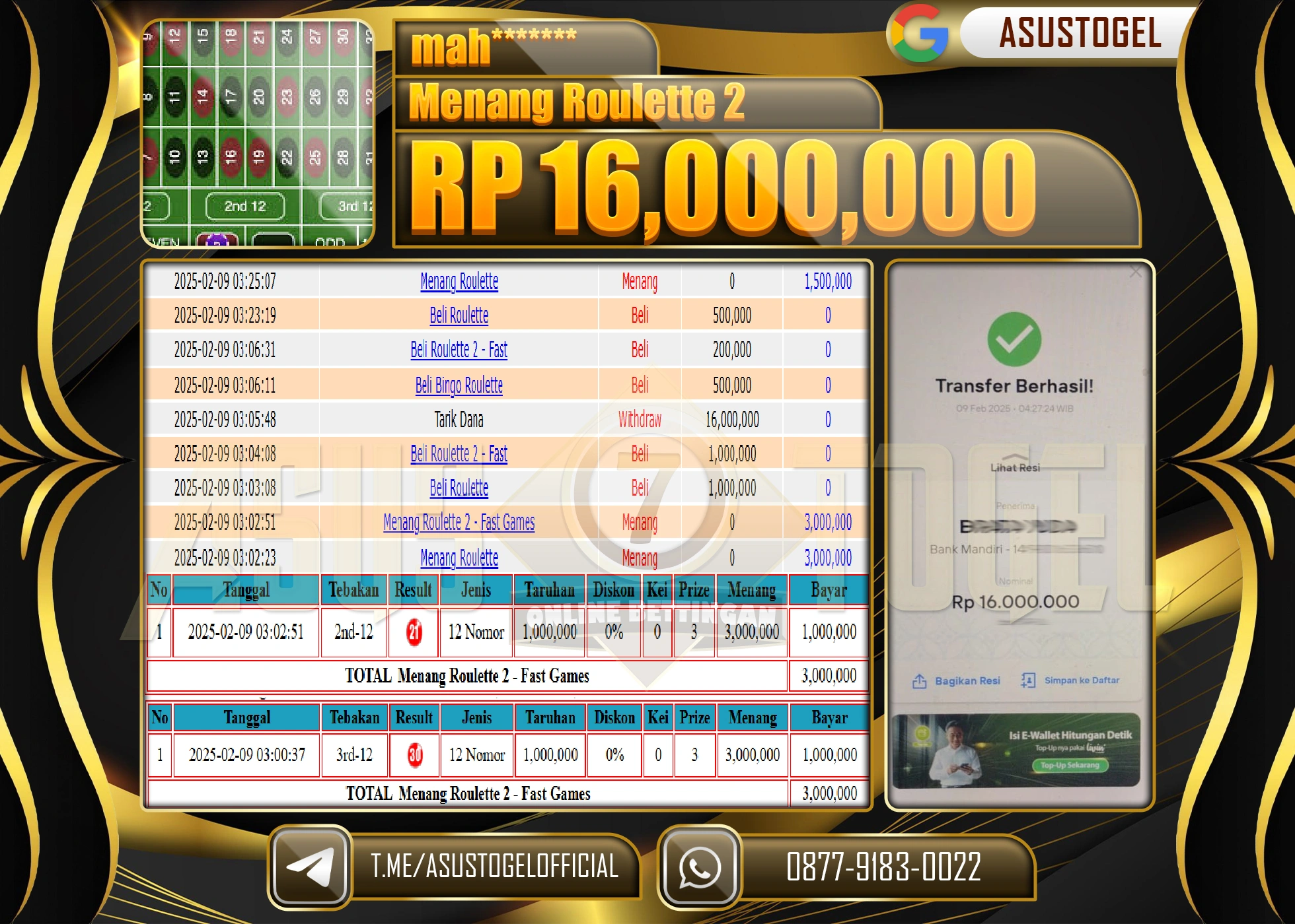 ASUSTOGEL KEMENANGAN DI ROULETTE 2 GAMES SEBESAR 16,000,000 - RUPIAH LUNAS