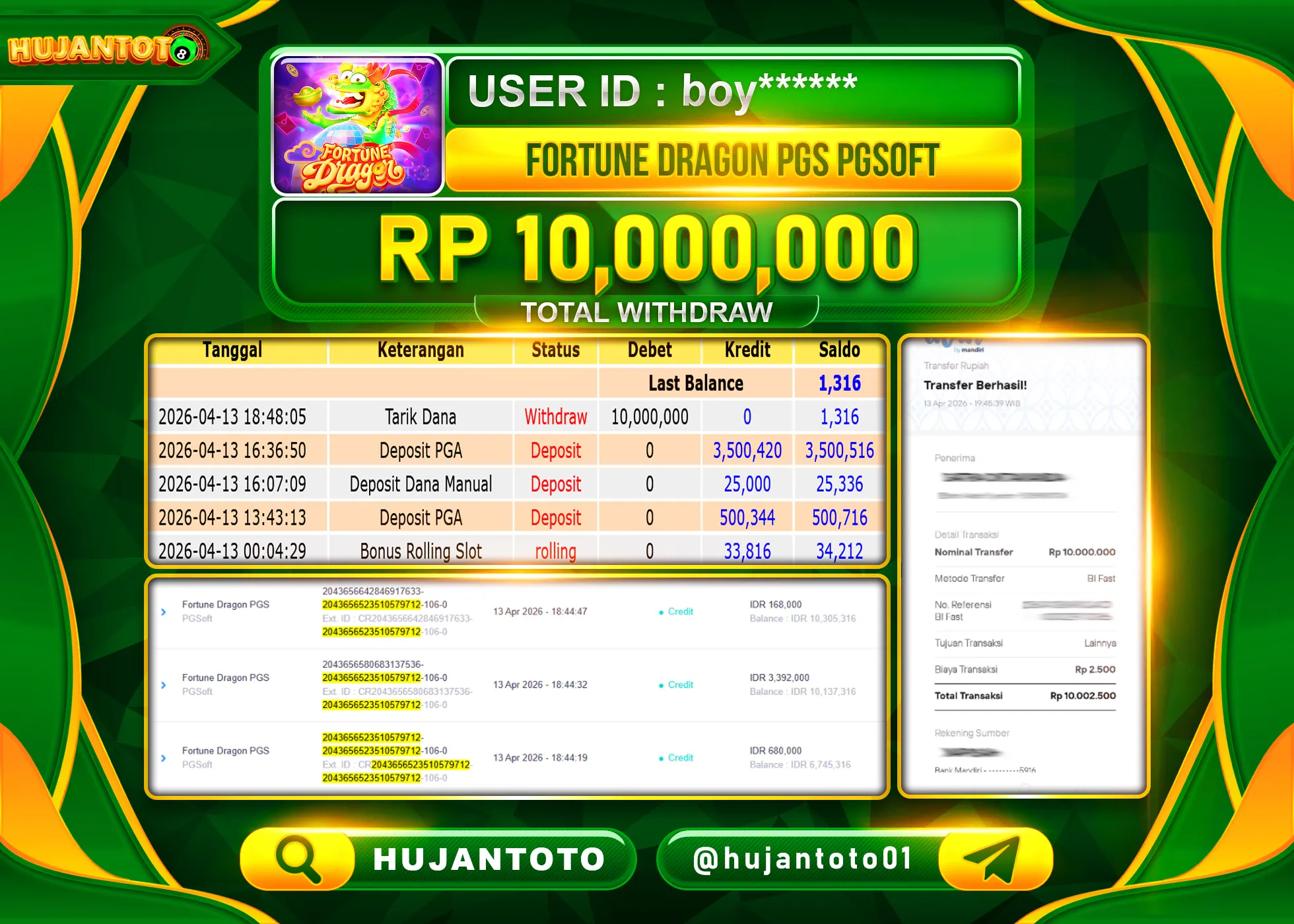HUJANTOTO - BUKTI JACKPOT MENANG SLOT FORTUNE DRAGON Rp.10,000,000 - TERBAYAR LUNAS
