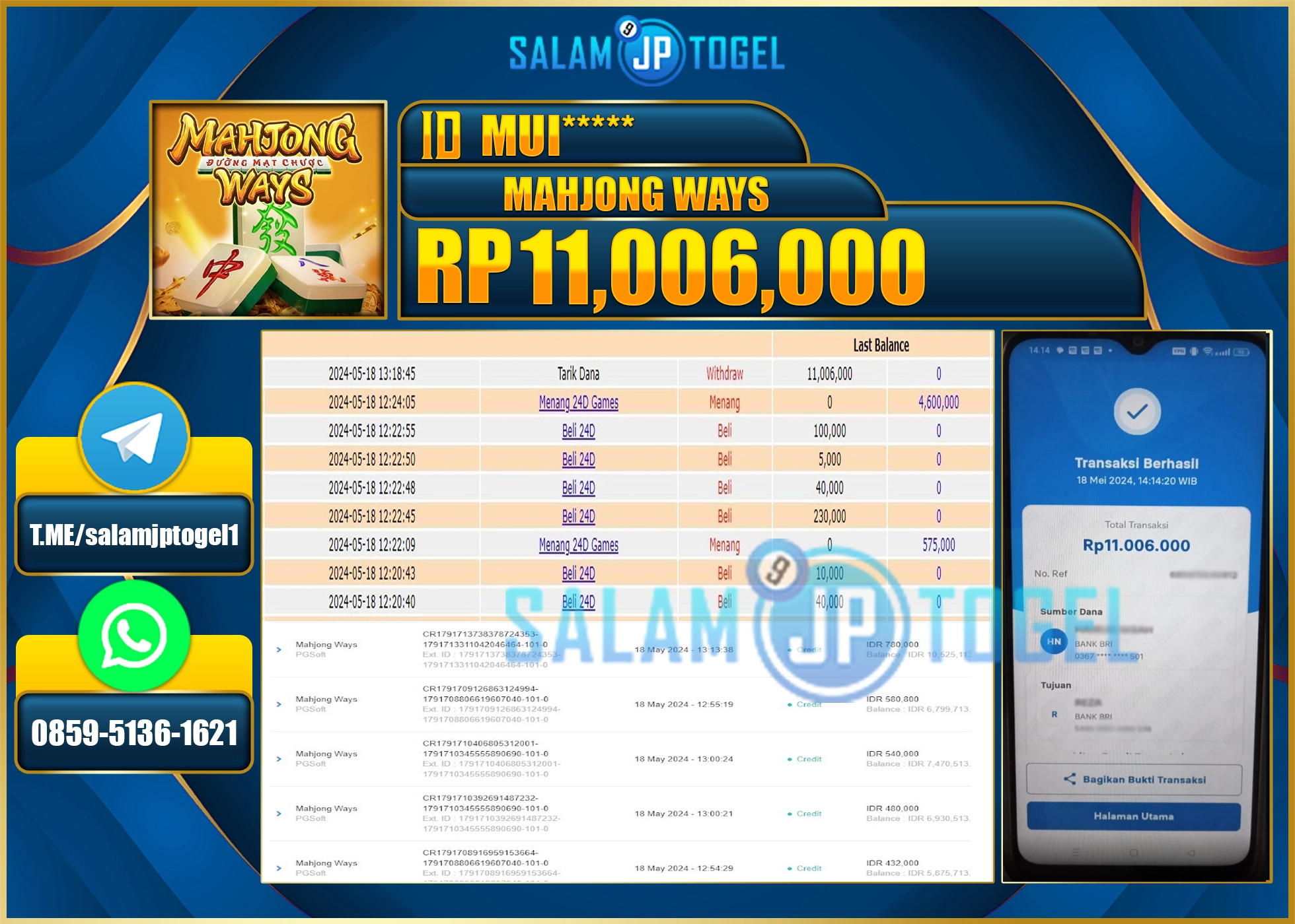 SALAMJPTOGEL MENANG MAHJONG RP. 11,006,000.,- LUNAS