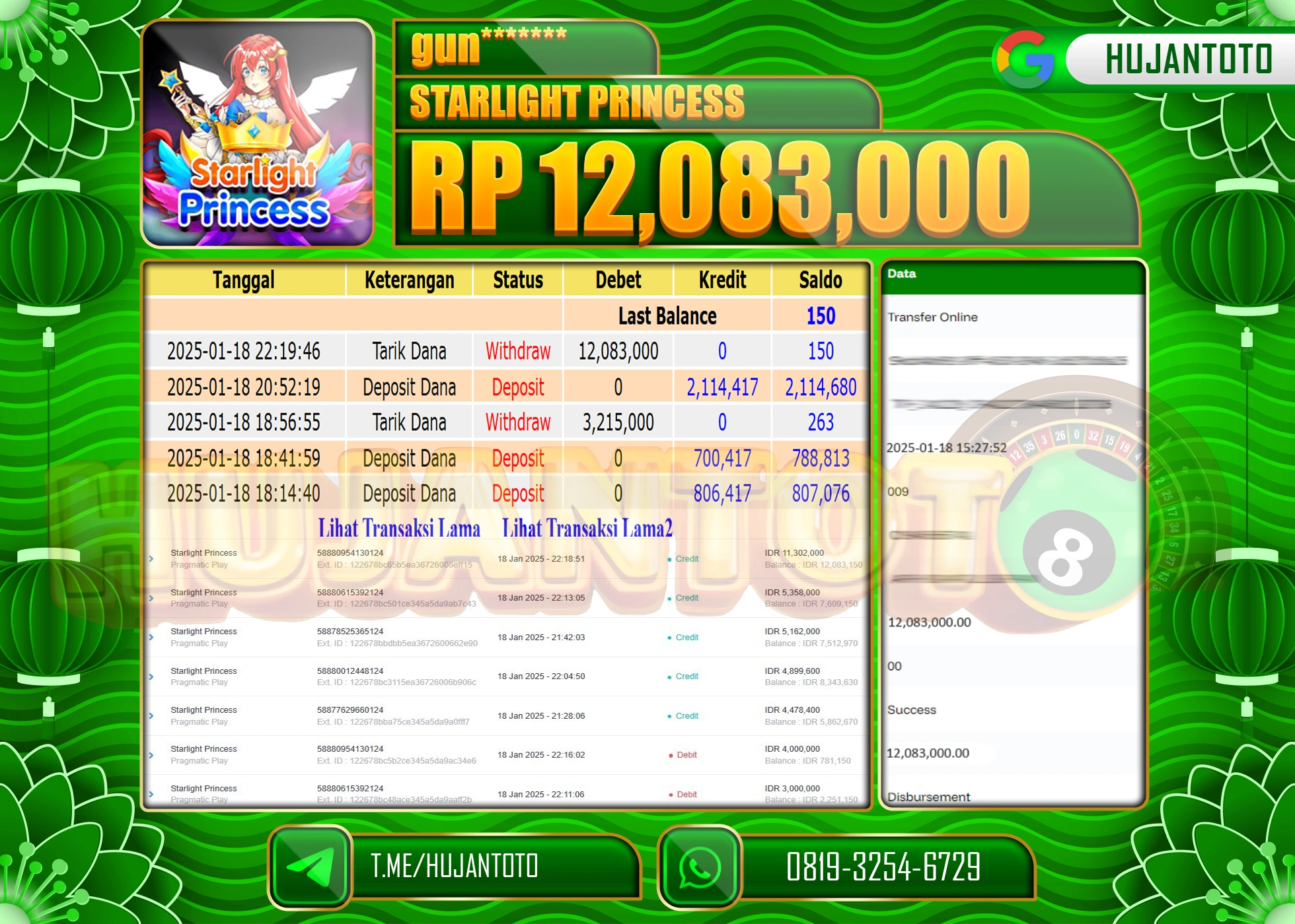 HUJANTOTO - BUKTI JACKPOT DI PERMAINAN SLOT STARLIGHT PRINCESS Rp,12,083,000 - TERBAYAR LUNAS