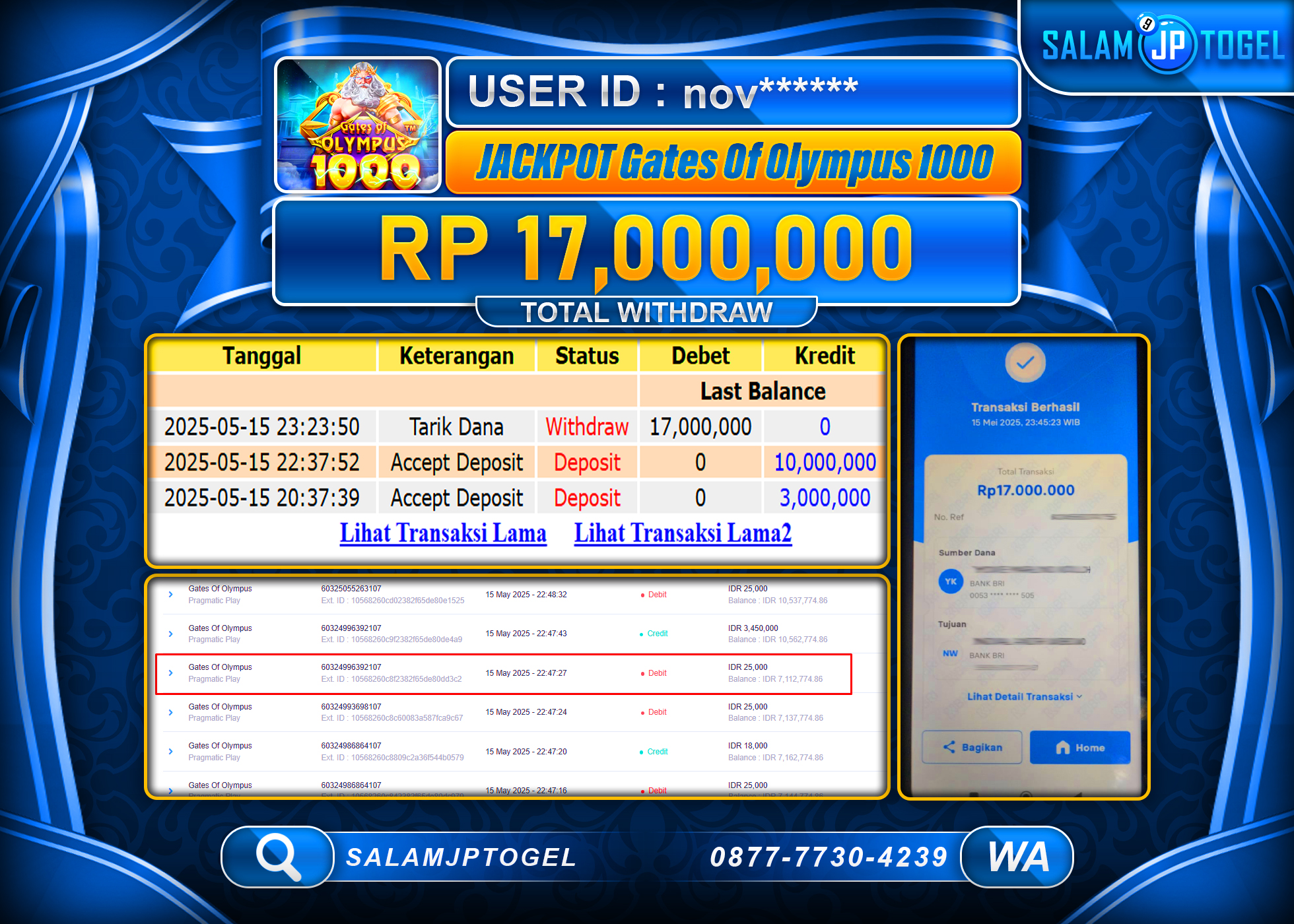 SALAMJPTOGEL MENANG GATES OF OLYMPUS 1000 Rp.17,000,000 LUNAS