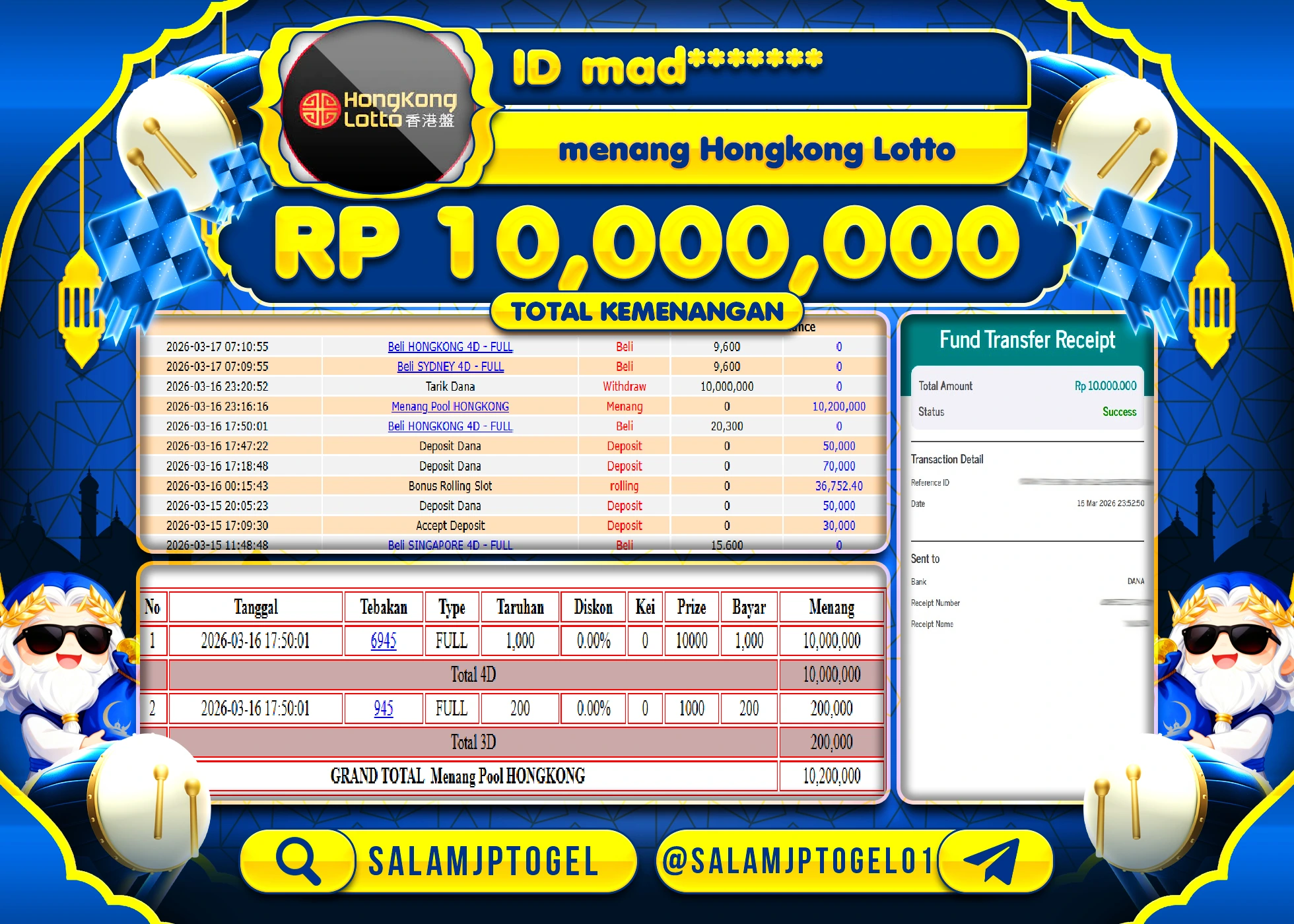 SALAMJPTOGEL MENANG JACKPOT Menang HONGKONG LOTTO Rp.10,000,000 - LUNAS