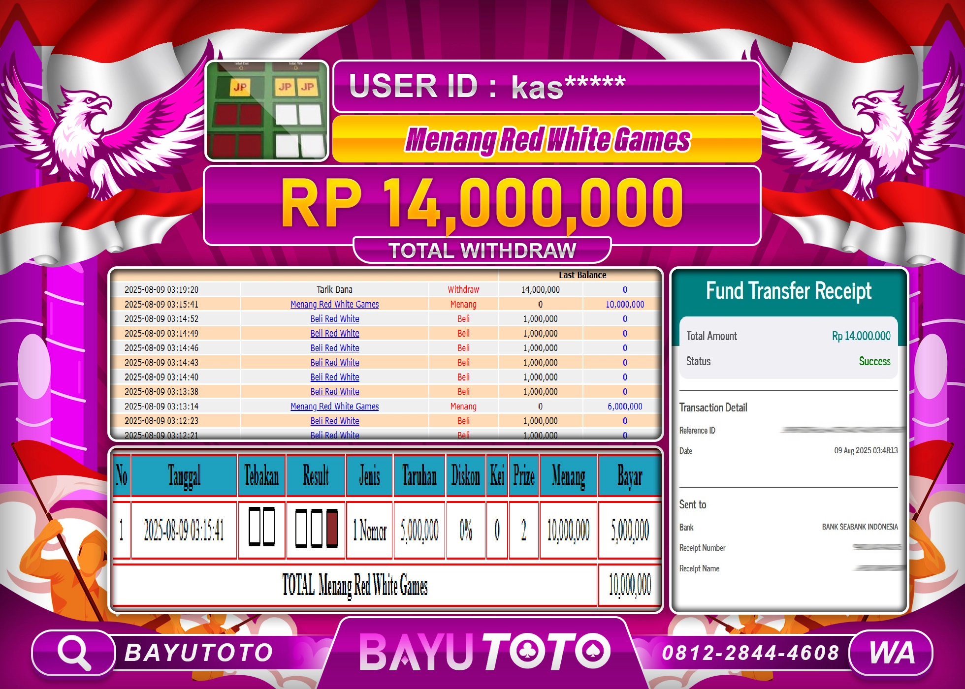 BAYUTOTO JACKPOT DI LIVE CASINO RED WHITE GAMES Rp.14,000,000 LUNAS