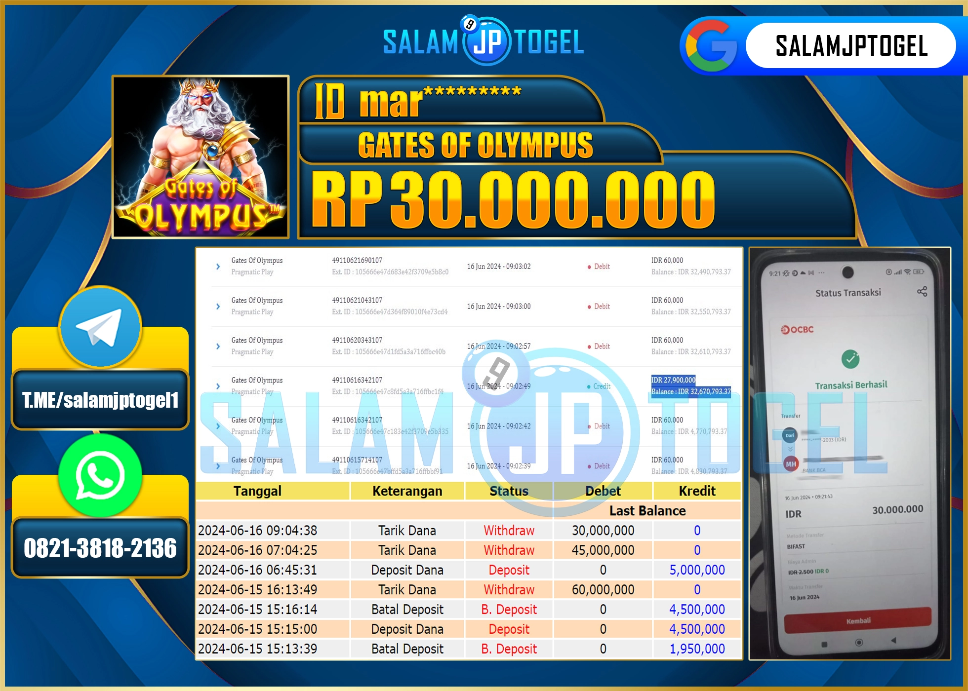 SALAMJPTOGEL MENANG GATES OF OLYMPUS RP. 30,000,000.,LUNAS