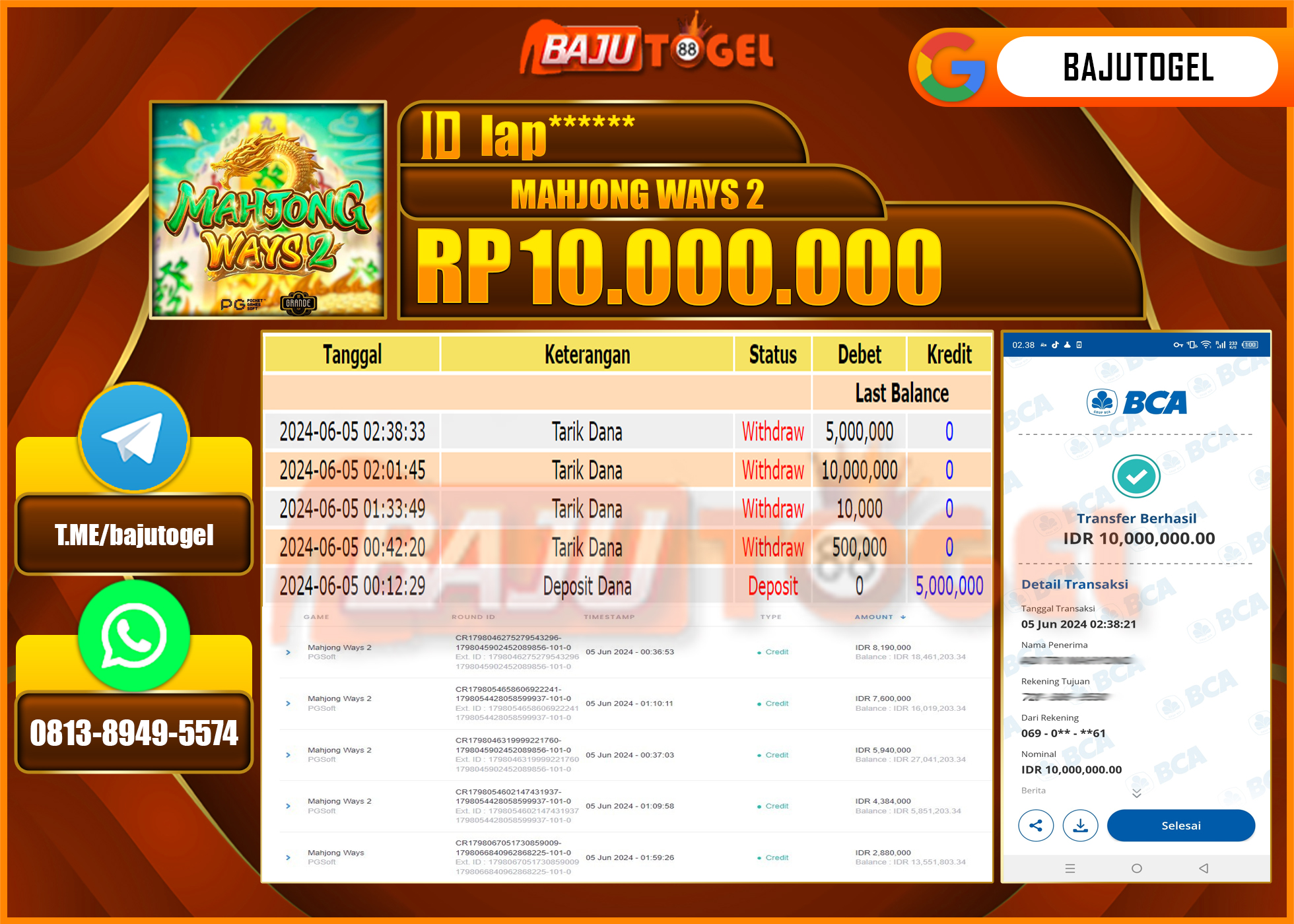 BAJUTOGEL JACKPOT SLOT MAHJONG WAYS2 Rp.10.000.000 LUNAS