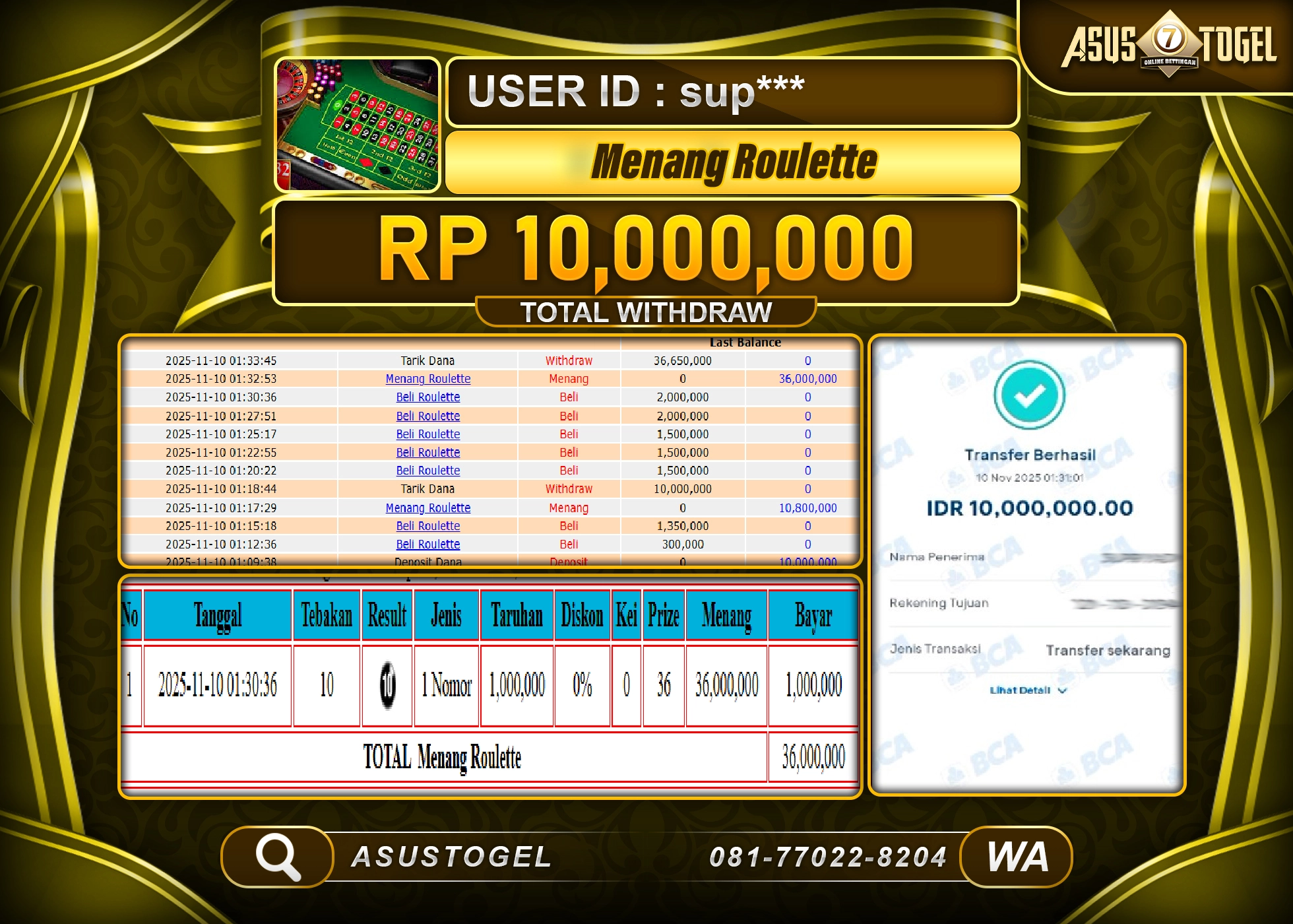 ASUSTOGEL KEMENANGAN DI LIVE GAMES ROYLETTE SEBESAR 10,000,000 - RUPIAH LUNAS