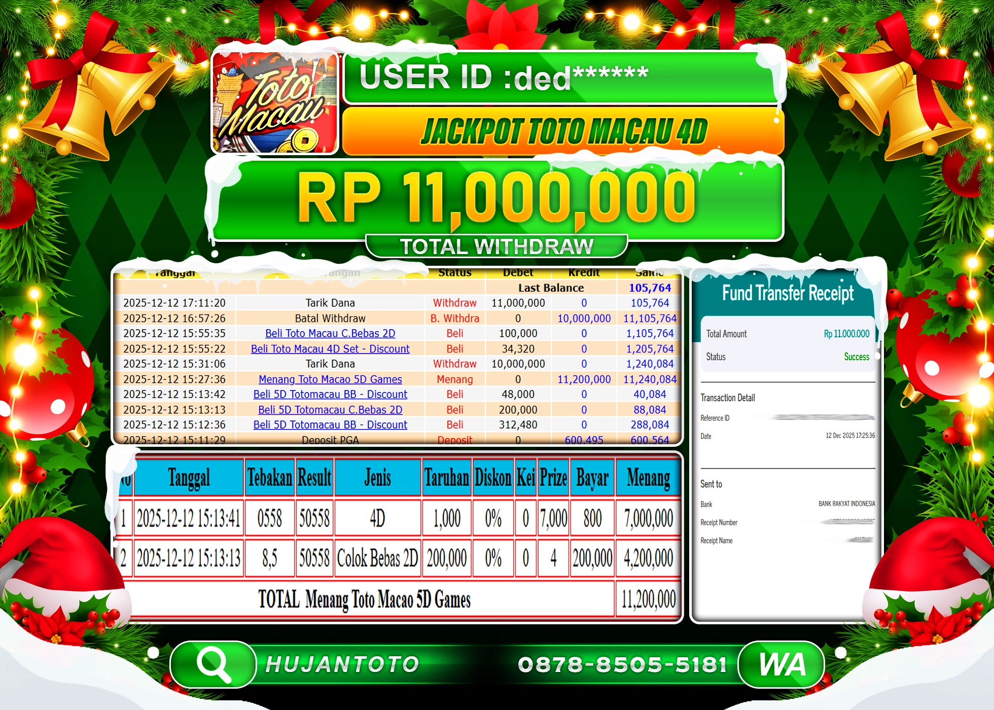 HUJANTOTO - BUKTI JACKPOT MENANG PERMAINAN TOGEL TOTO MACAU 4D Rp.11,000,000 - TERBAYAR LUNAS