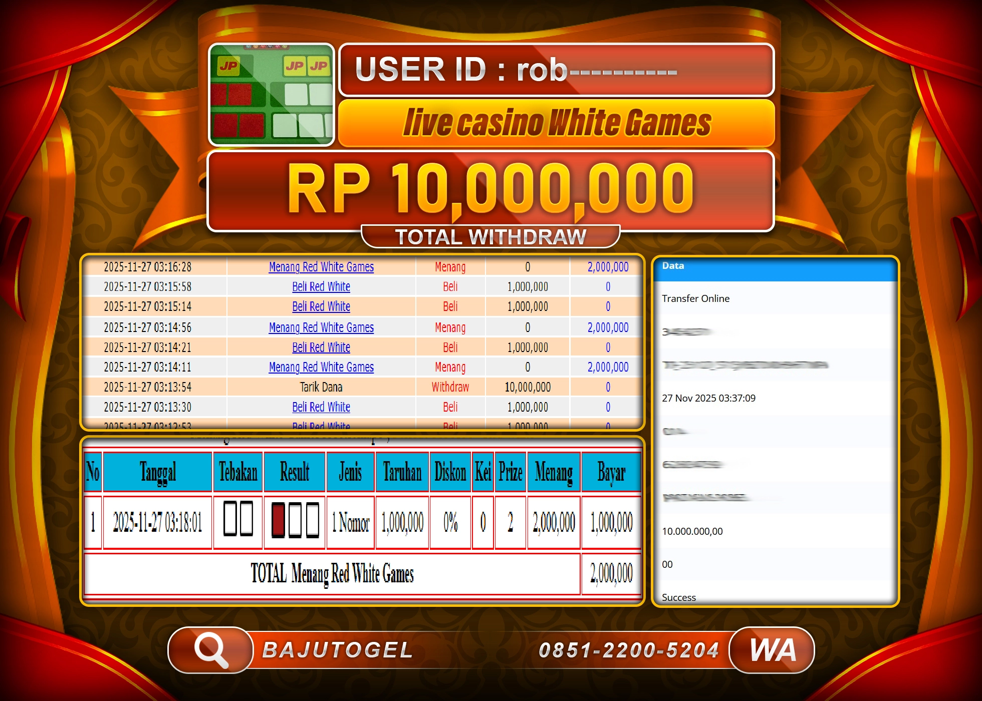 BAJUTOGEL KEMENANGAN DI LIVE CASINO WHITE GAMES Rp.10,000,000 LUNAS