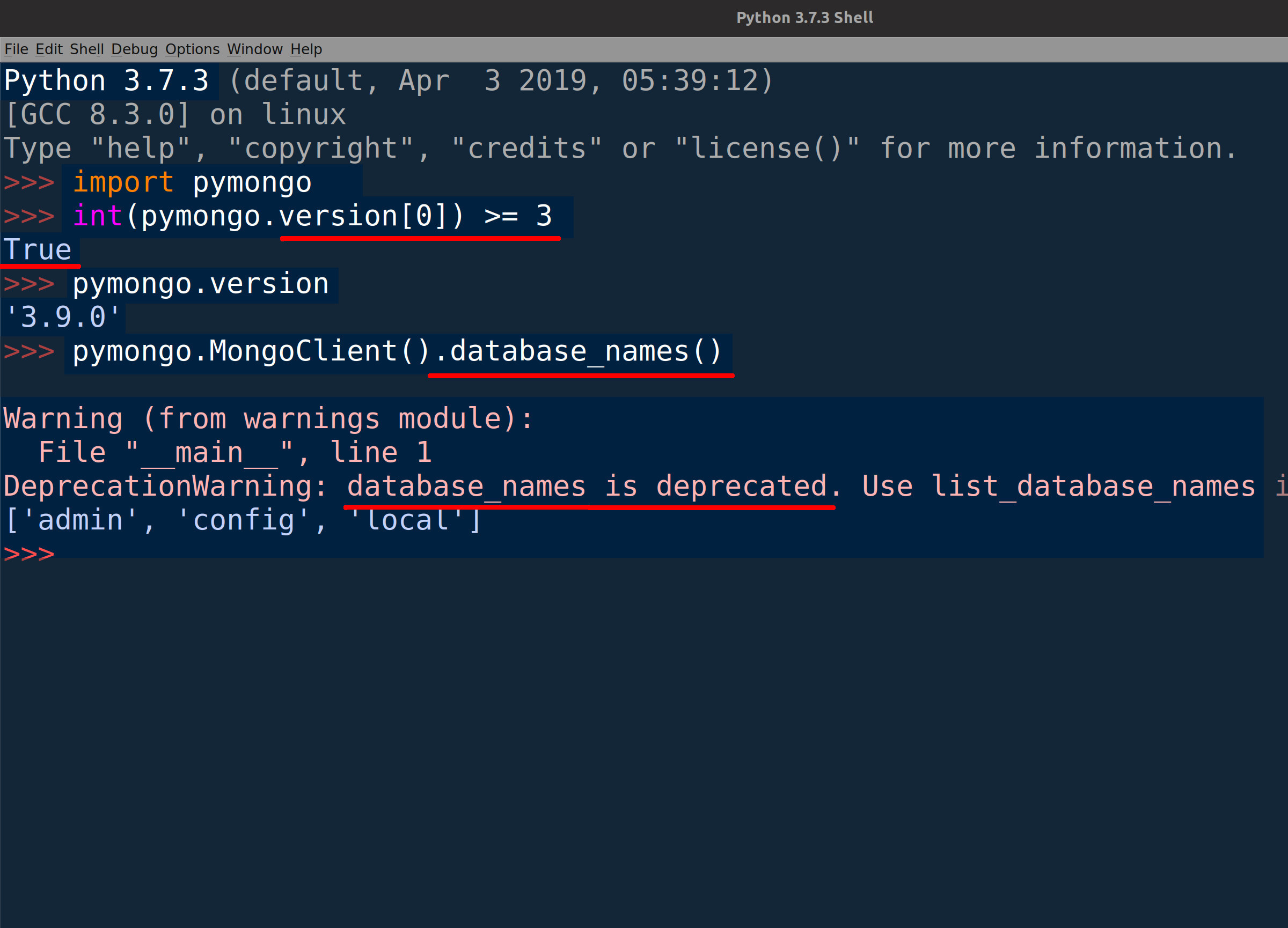 Screenshot of IDLE3 in Python 3 returning version of PyMongo and MongoDB database_names