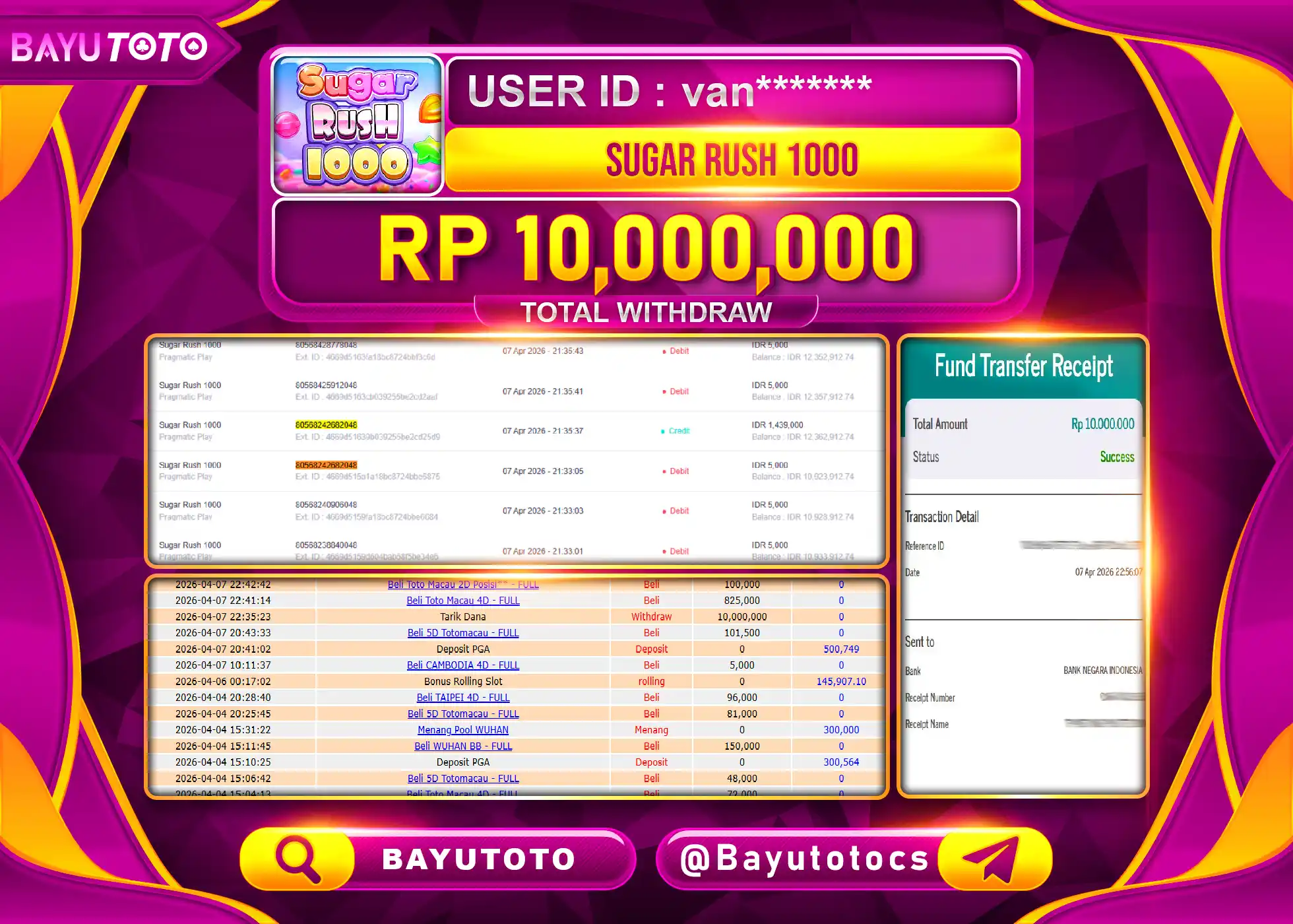 SELAMAT MEMBER SETIA BAYUTOTO JACKPOT DI SLOT SUGAR RUSH 1000 Rp. 10,000,000 LUNAS