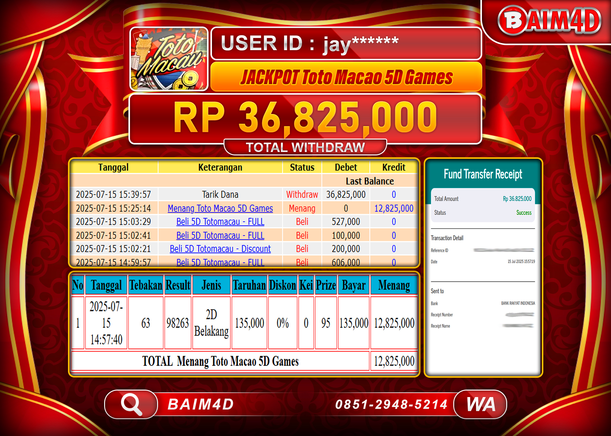 BAIM4D JACKPOT TOGEL TOTO MACAO 5D GAMES Rp.36,825,000.- LUNAS