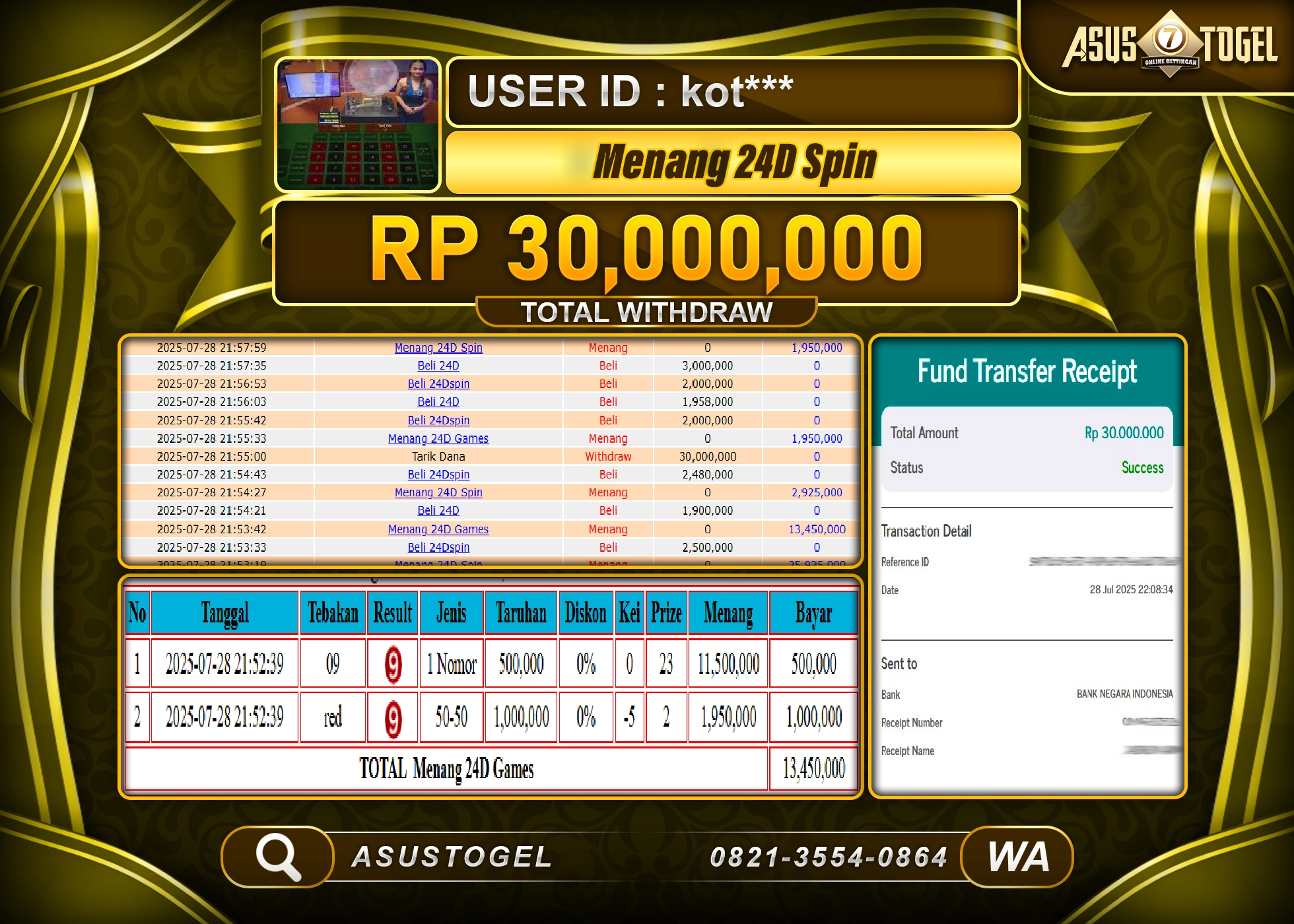 ASUSTOGEL KEMENANGAN DI LIVE GAME 24D SPIN SEBESAR 30,000,000- RUPIAH LUNAS