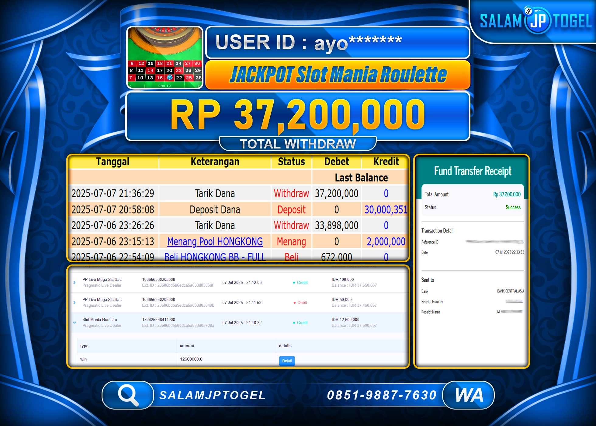 SALAMJPTOGEL MENANG SLOT MANIA ROULETTE  Rp.37,200,000 LUNAS