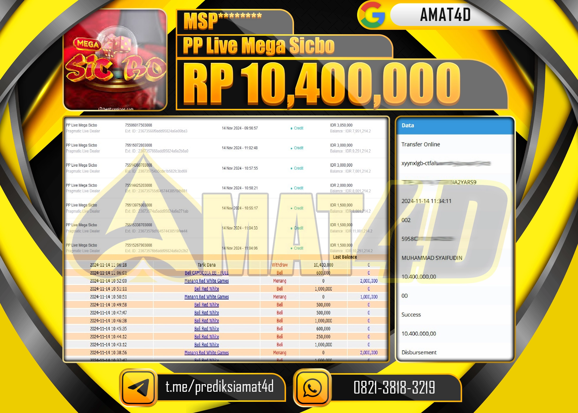 AMAT4D KEMENANGAN PP LIVE MEGA SICBO Rp.10.400.000 BERHASIL TERBAYAR LUNAS !