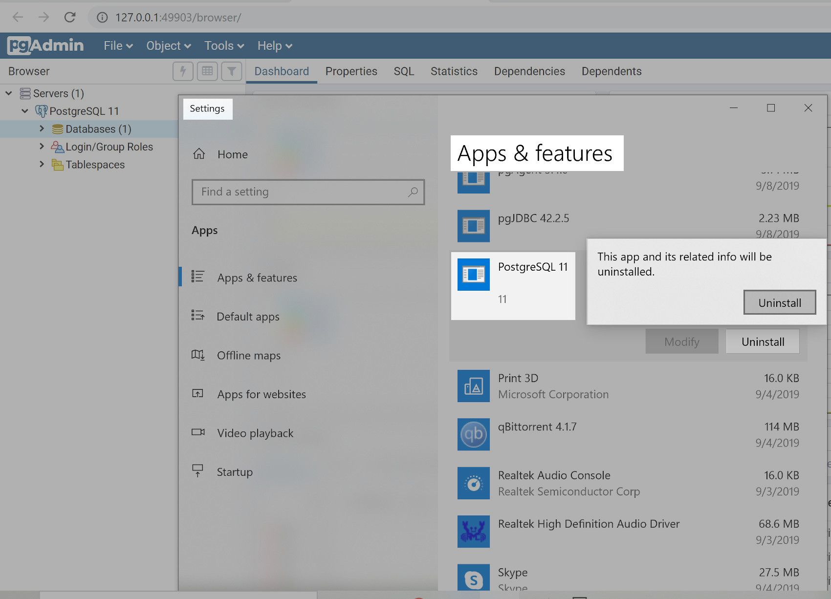 Screenshot of Windows 10 removing the PostgreSQL application in settings