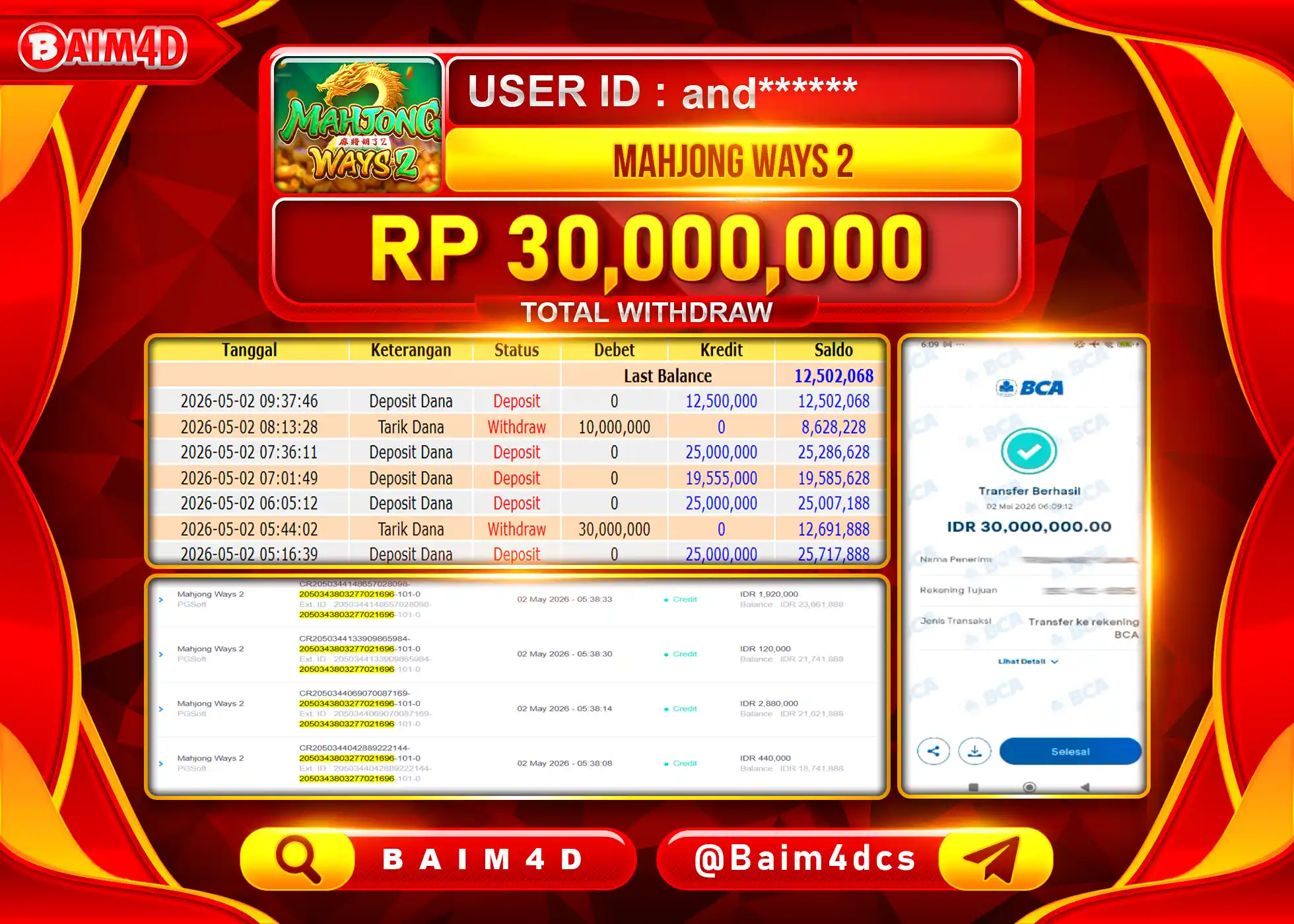 BAIM4D JACKPOT SLOT MAHJONG WAYS 2 Rp.30,000,000 - LUNAS