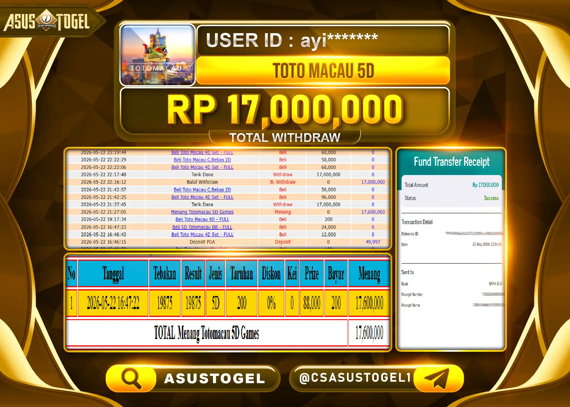 ASUSTOGEL KEMENANGAN JACKPOT DI PERMAINAN TOGEL TOTO MACAU 5D SEBESAR Rp.17,000,000 - RUPIAH LUNAS