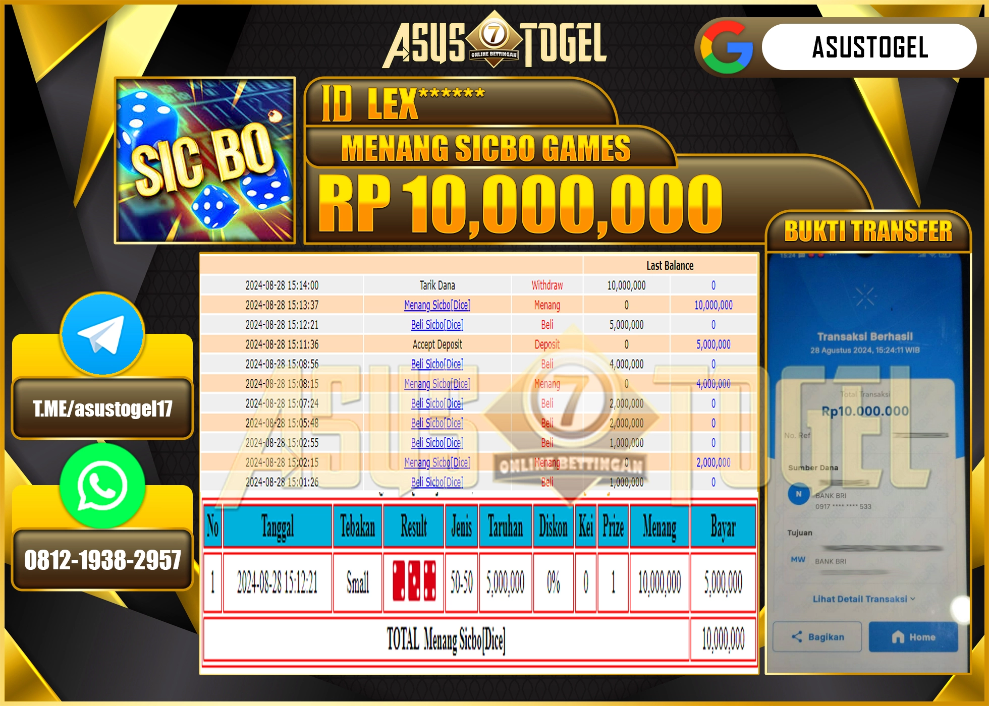 ASUSTOGEL KEMENANGAN DI LIVEGAME SICBO GAMES SEBESAR 10,000,000- RUPIAH LUNAS