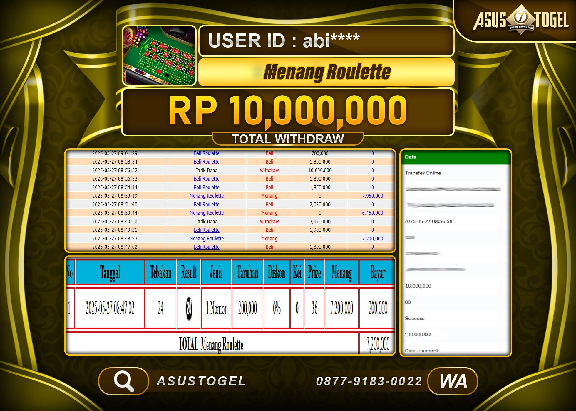  ASUSTOGEL KEMENANGAN DI LIVE GAME ROULETTE SEBESAR 10,000,000- RUPIAH LUNAS